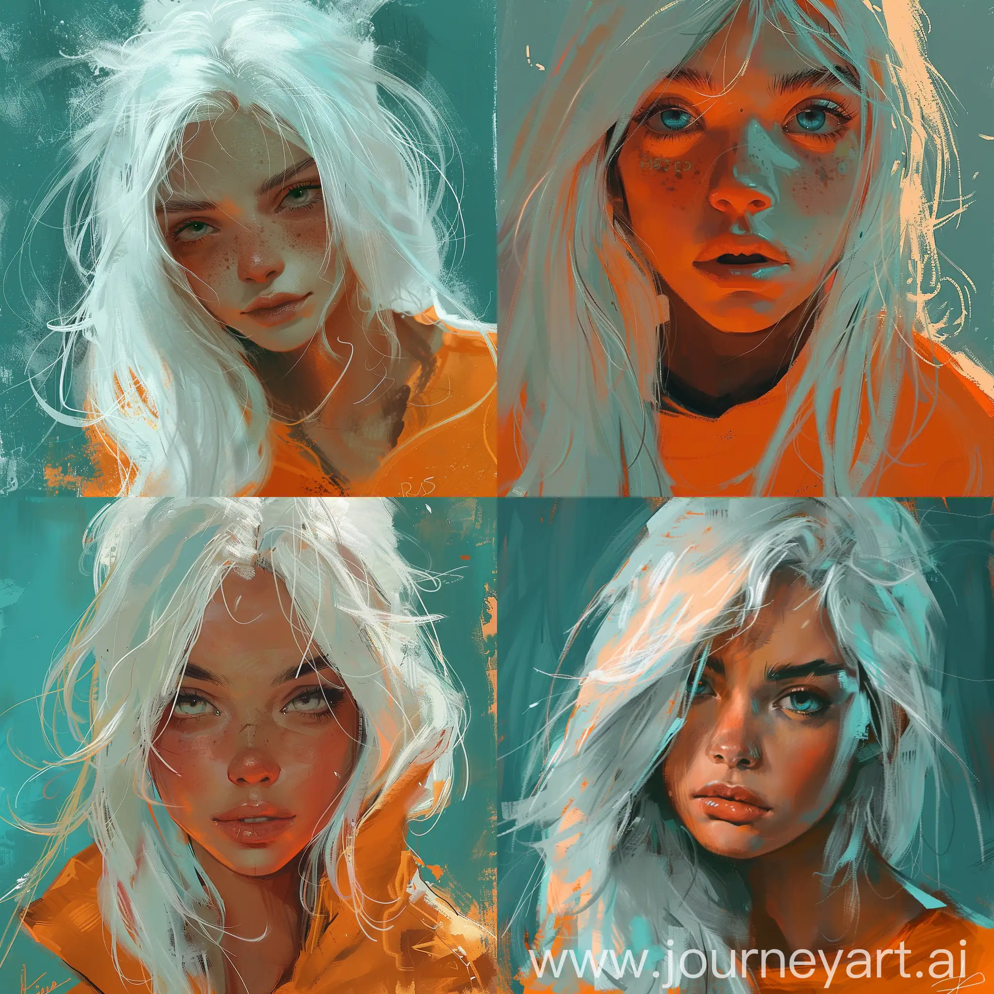 an image of a girl with white hair, in the style of ross tran, light teal and dark orange, guido van helten, close-up shots, comic art, realistic marine paintings, animated gifs