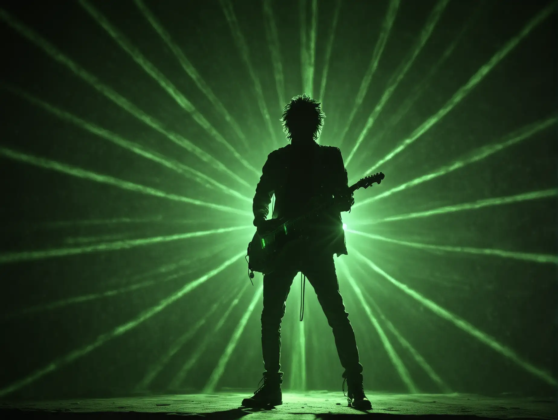 male rock star, silhoutte, green laser, dark setting--style raw --ar 3:4 --s 350 --v 6. 0 
