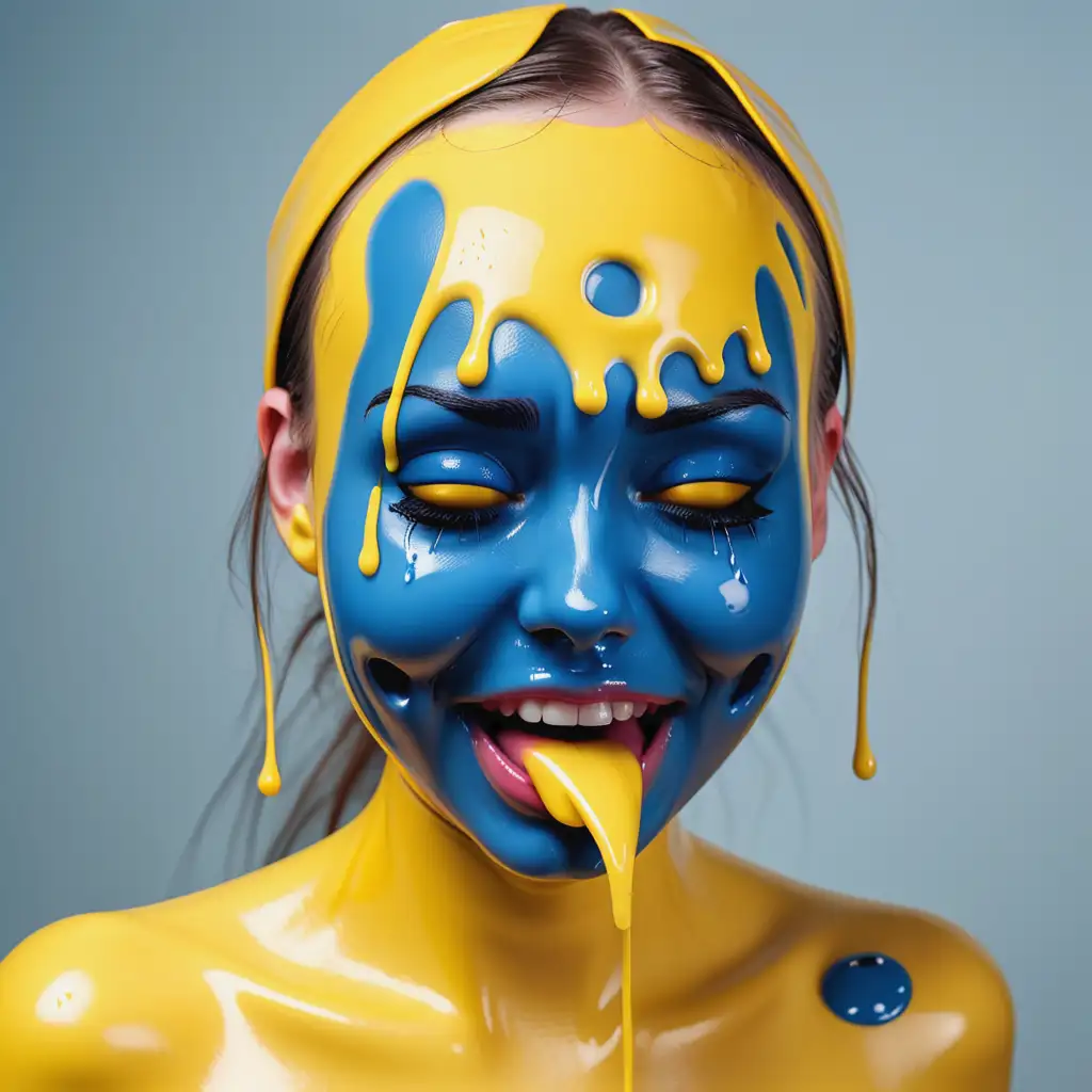 Латексная девушка в образе плачущего с голубыми резиновыми слезами под глазами смайлика с желтой латексной кожей с желтым латексным лицом Изображение сделать в милой стилистике
