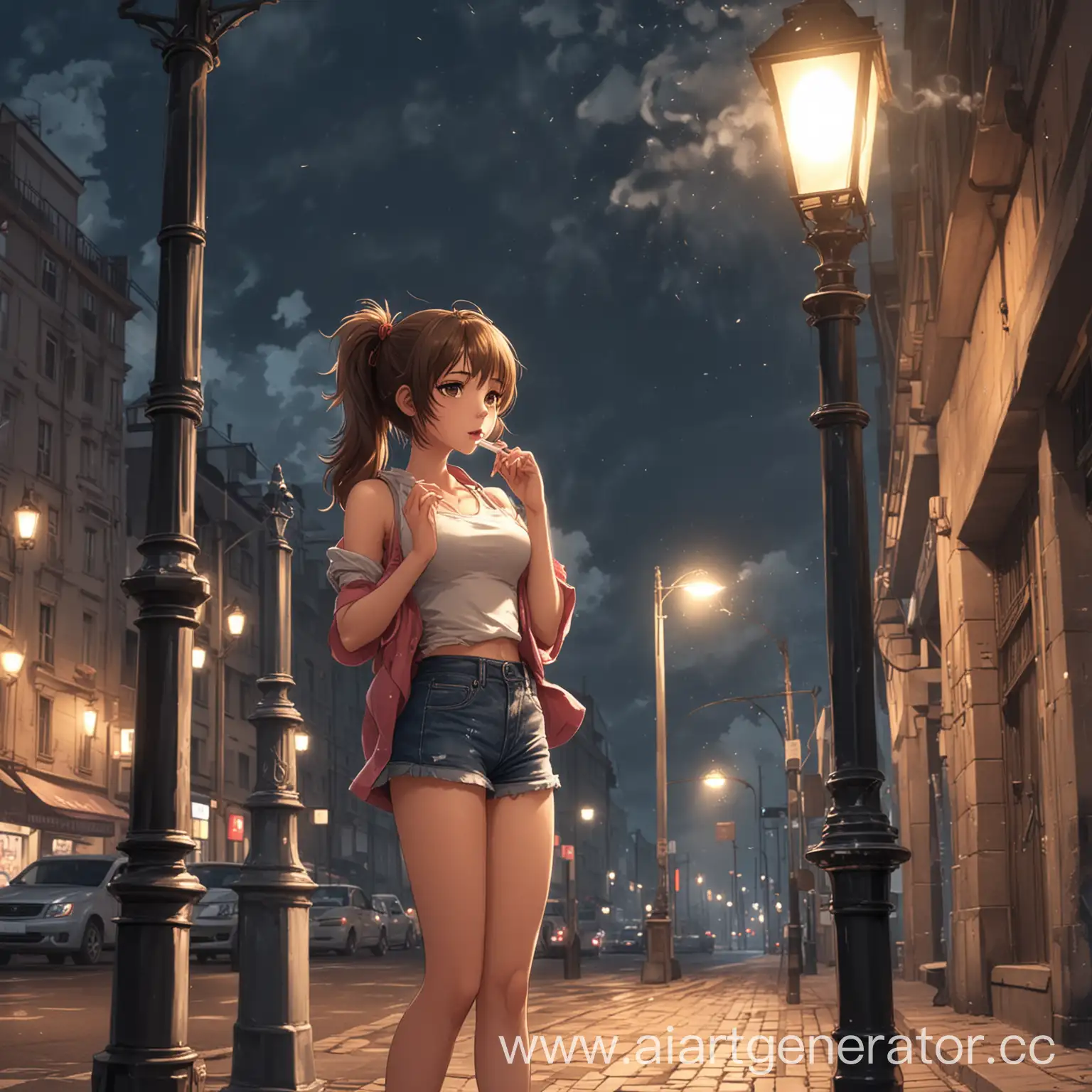 Красивая аниме девушка курит стоит на улице под фонарным столбом
