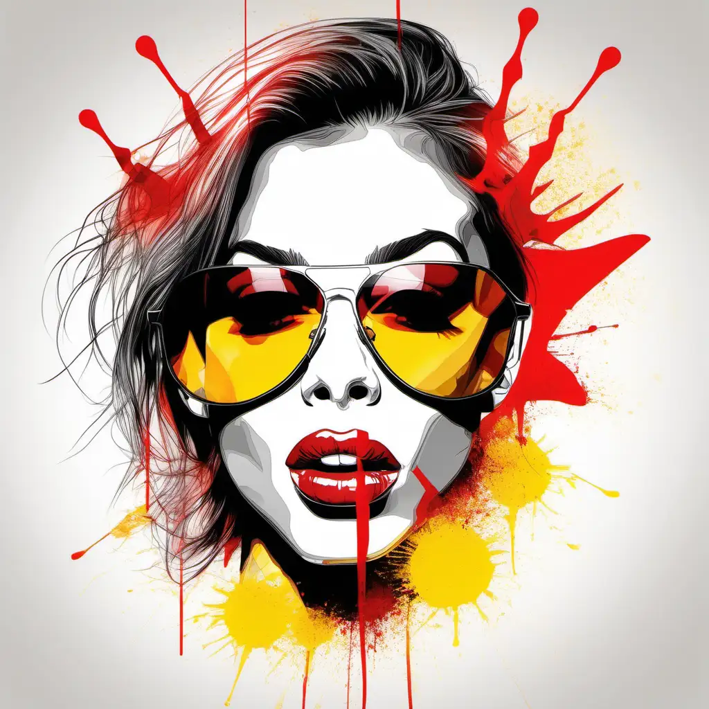 generate realistic professional design featuring a image of a sexy beautiful woman with big lips and tongue out  wearing sungalsses splitted in glass pieces . add red and yellow ink splash and lines over the design  and texture. use white  blank background.