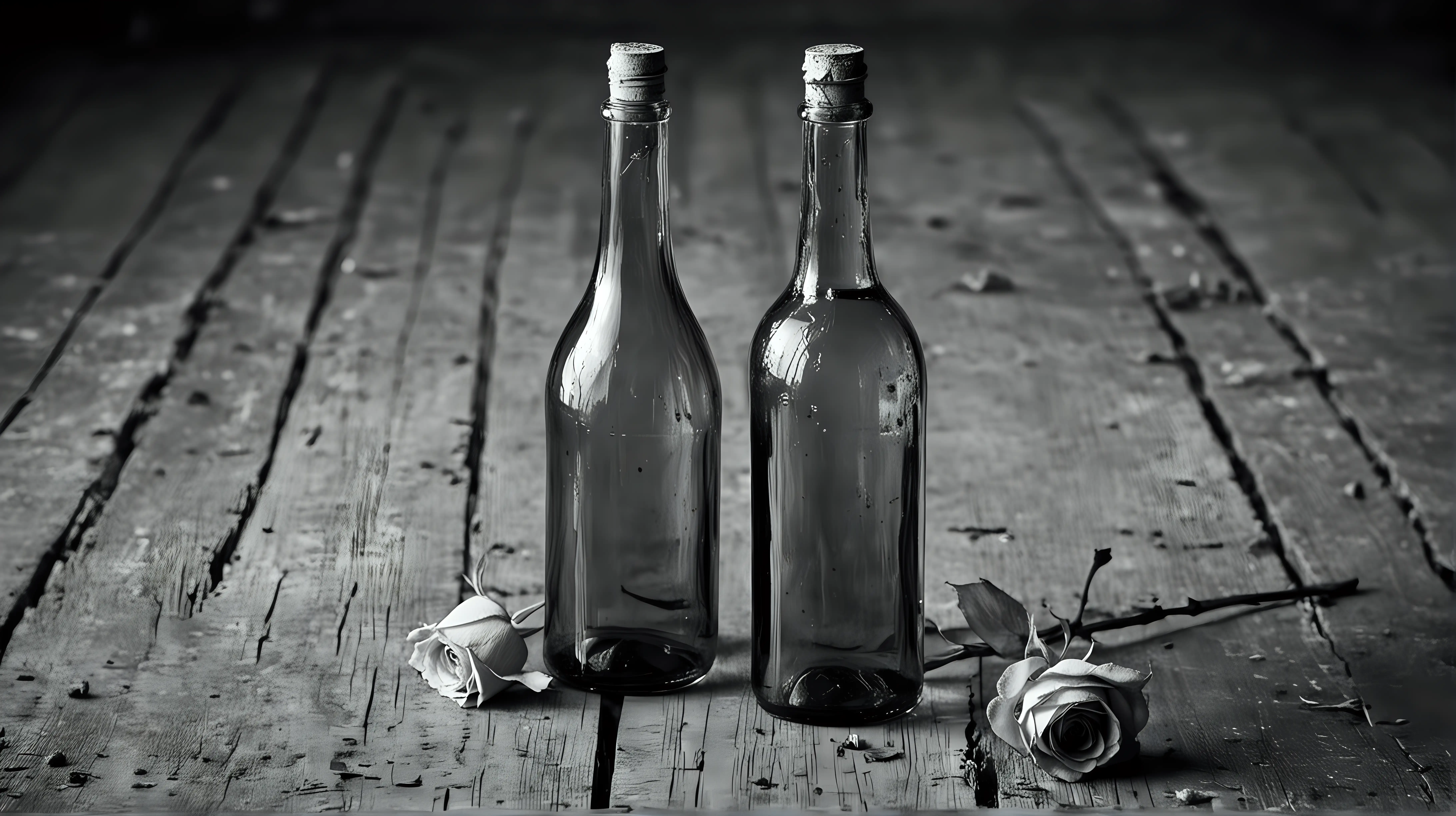1 bottle with 1 dry rose on an old table grunge bw