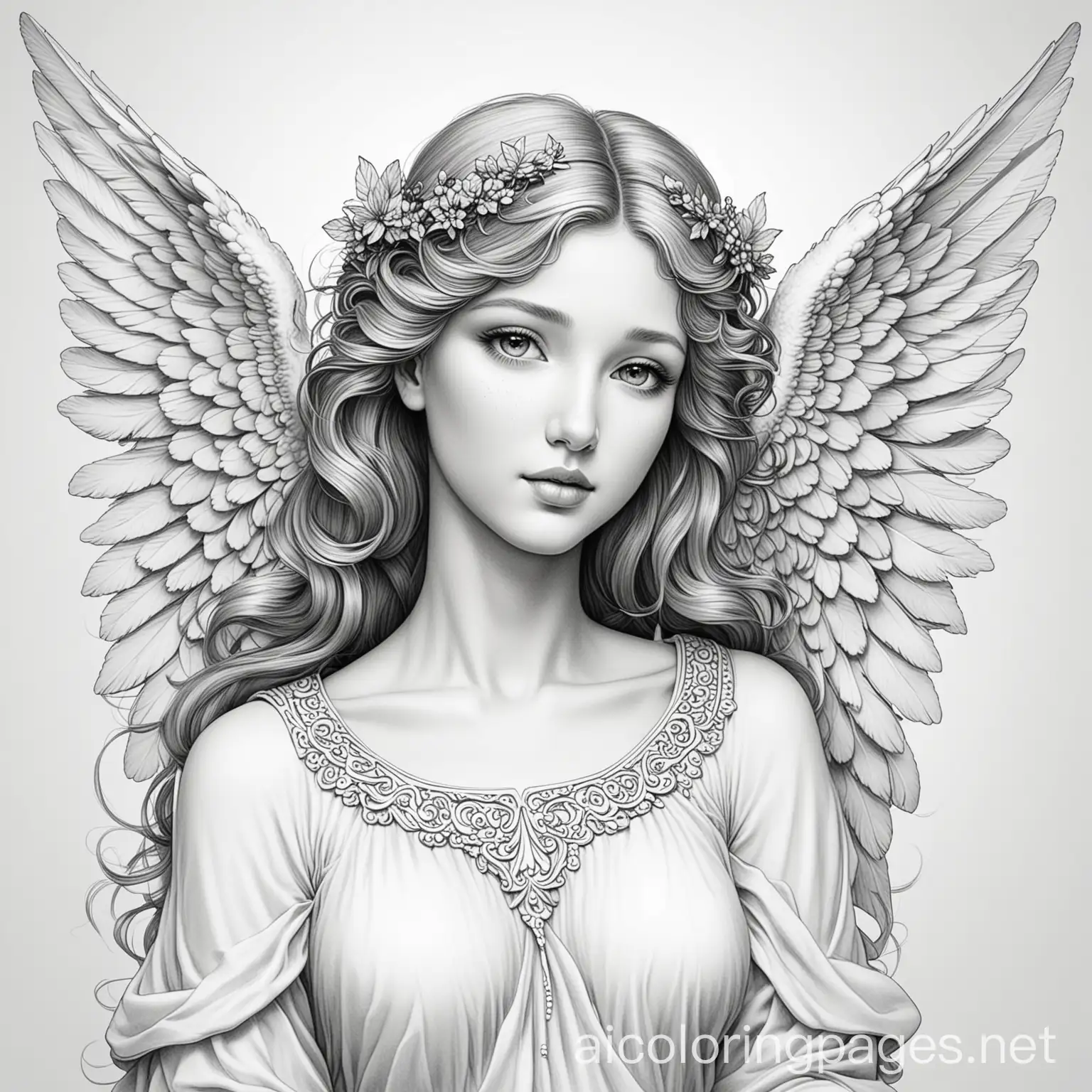 a beautiful angel, Coloring Page, black and white, line art, white background, Simplicity, Ample White Space. The background of the coloring page is plain white to make it easy for young children to color within the lines. The outlines of all the subjects are easy to distinguish, making it simple for kids to color without too much difficulty