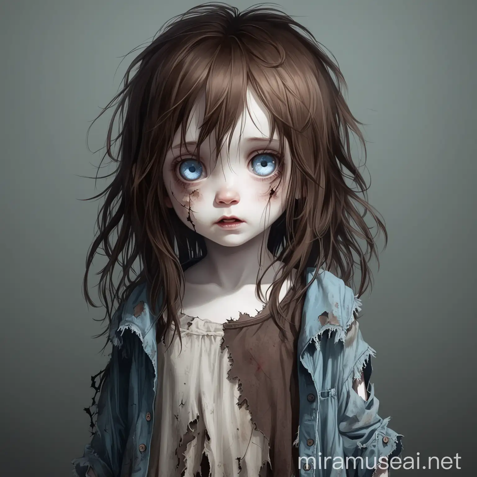 Adorable Little Girl in Tattered Clothes with Messy Brown Hair and Blue Eyes