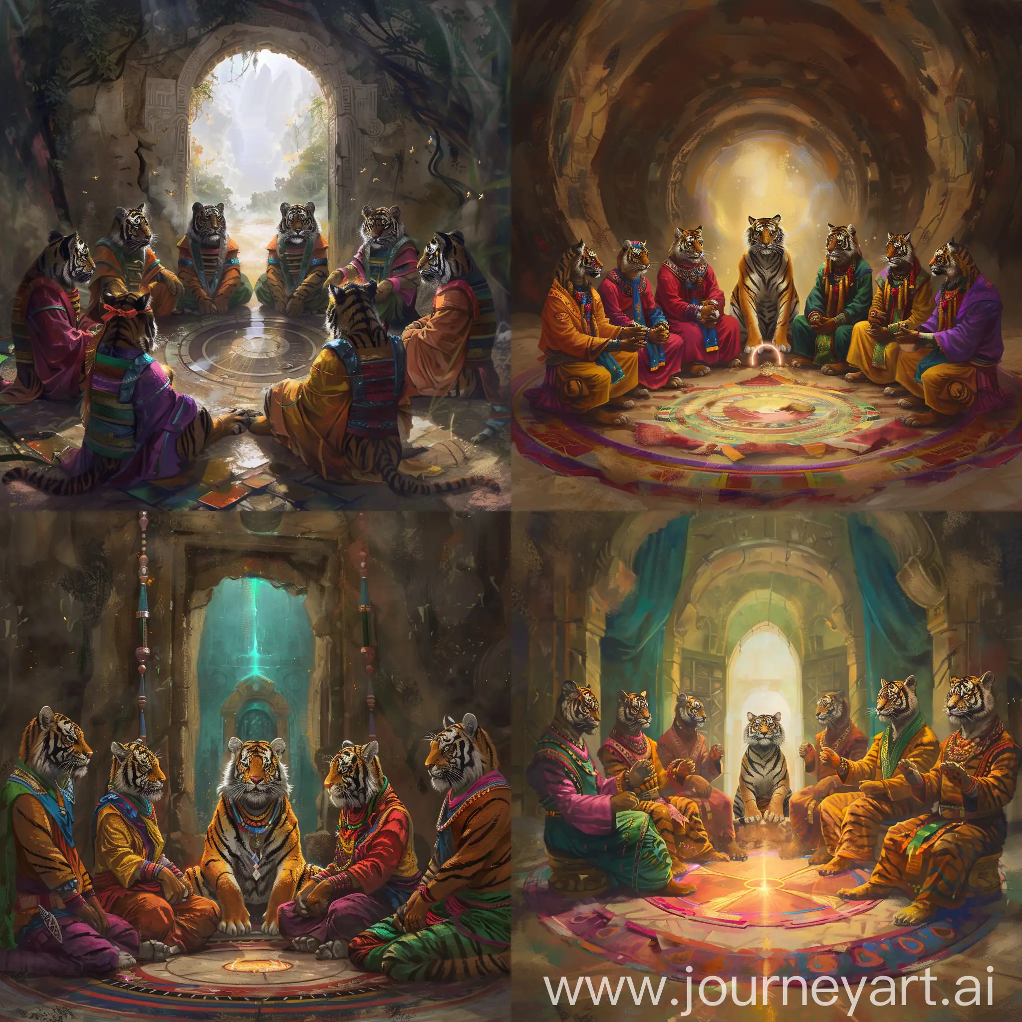 an ancient tiger tribe with colorful clothes sitting in a circle with a portal in the center