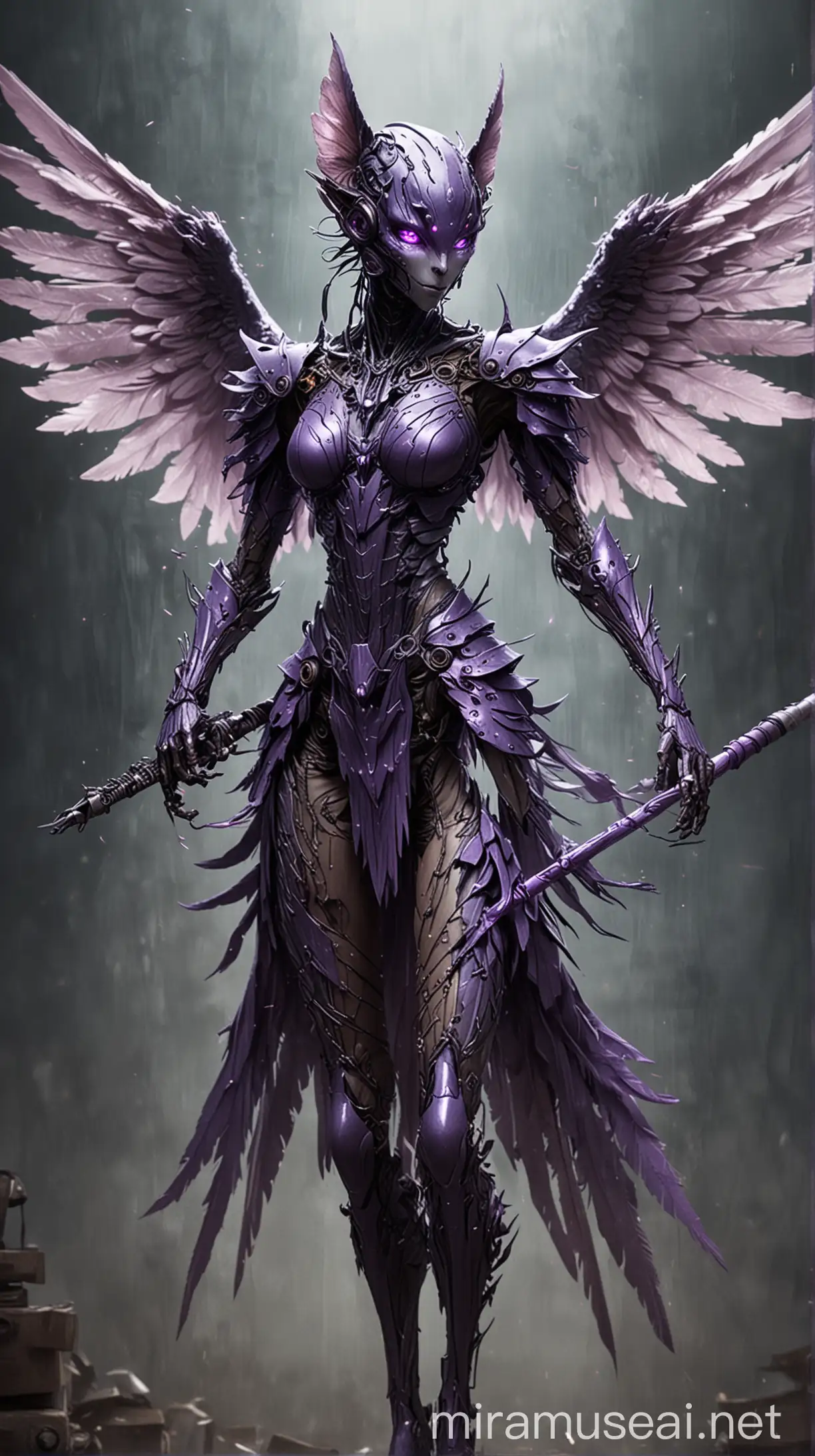 Name: Lyrafiend
Appearance: A winged, humanoid creature with a musical instrument-like body, glowing purple eyes, and razor-sharp claws. Create the images exactly like the description but make it terrifying.