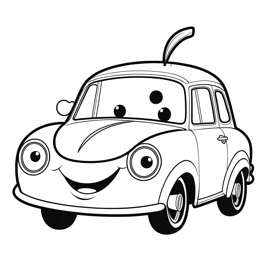 A friendly and chubby car character with a big smiling face. The car large, beautiful eyes, giving it an approachable and appealing look. The design is minimalistic and done in a cartoon style with clean, clear, and simple outlines. The background is white, and the apple is shown in full body with clear, bold lines for easy coloring. The style is black and white outline, suitable for children aged 2-4., Coloring Page, black and white, line art, white background, Simplicity, Ample White Space. The background of the coloring page is plain white to make it easy for young children to color within the lines. The outlines of all the subjects are easy to distinguish, making it simple for kids to color without too much difficulty