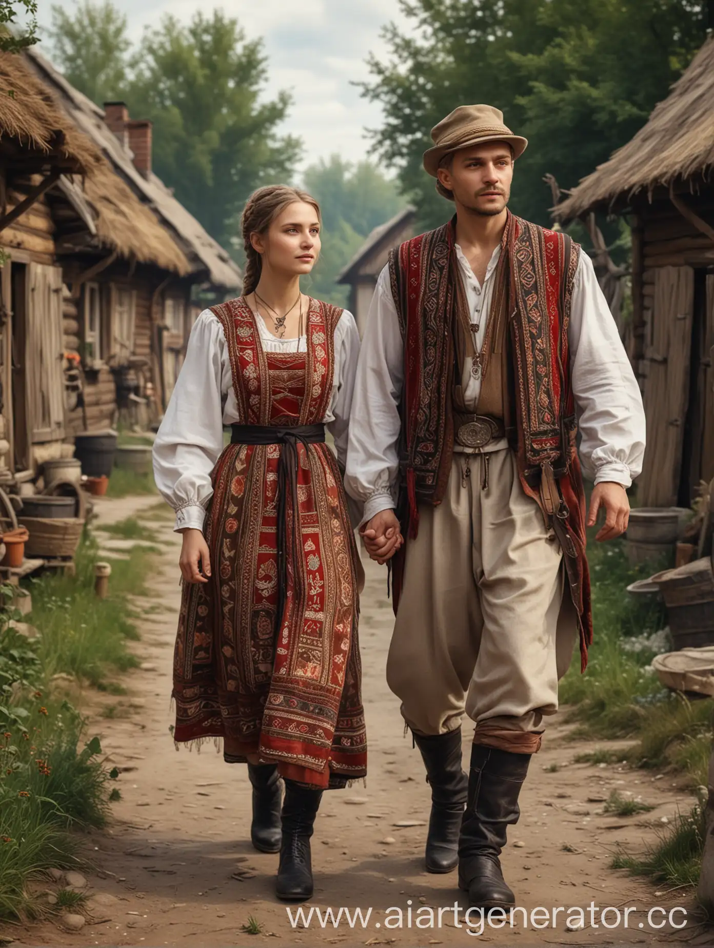 Traditional-Slavic-Couple-Strolling-Through-Vibrant-Village-Scene