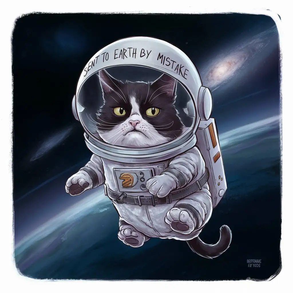 A cat wearing a grumpy cat expression in space with the text 'Sent to Earth by Mistake'