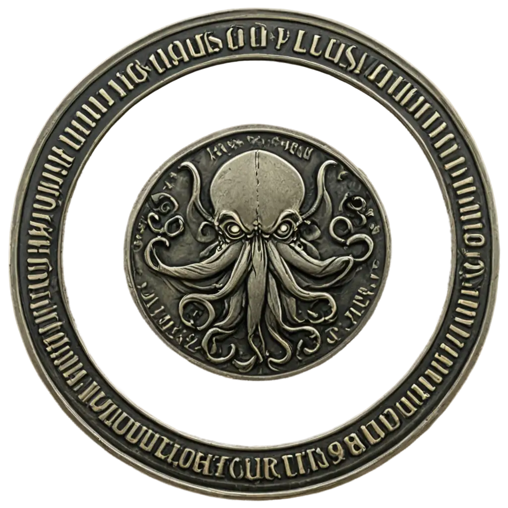 coin with the image of Cthulhu and creepy inscriptions