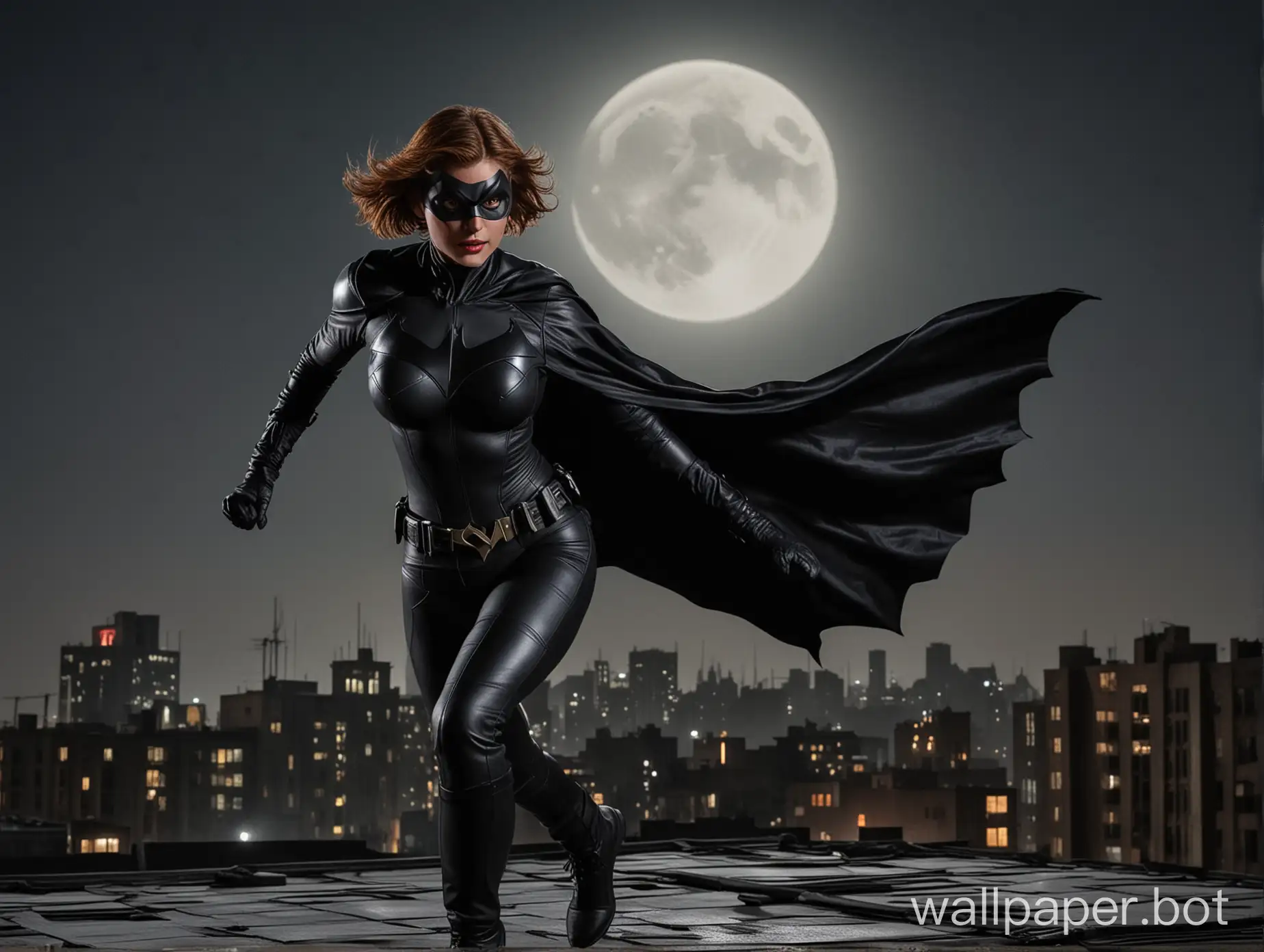 batwoman with large breasts, with short hair, in black leather suit running on the roof of a building, bright moon shining, dark background, black cape unfurls