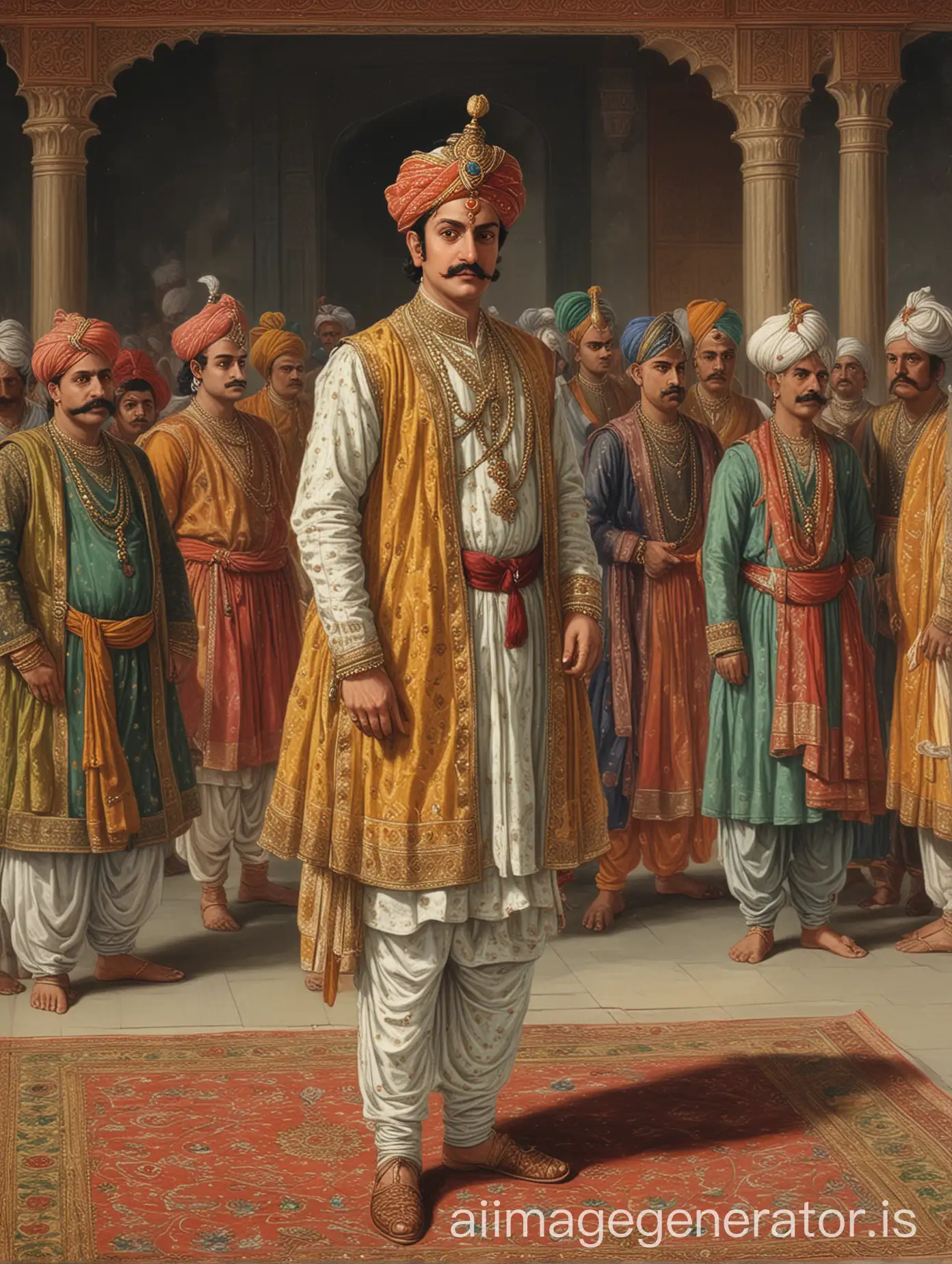 Birbal standing confidently before Emperor Akbar in the court. He is dressed in traditional Mughal attire with a calm, confident expression. The angle is slightly lower, looking up at Birbal to emphasize his confidence, with Akbar and the courtiers visible in the background, watching him.