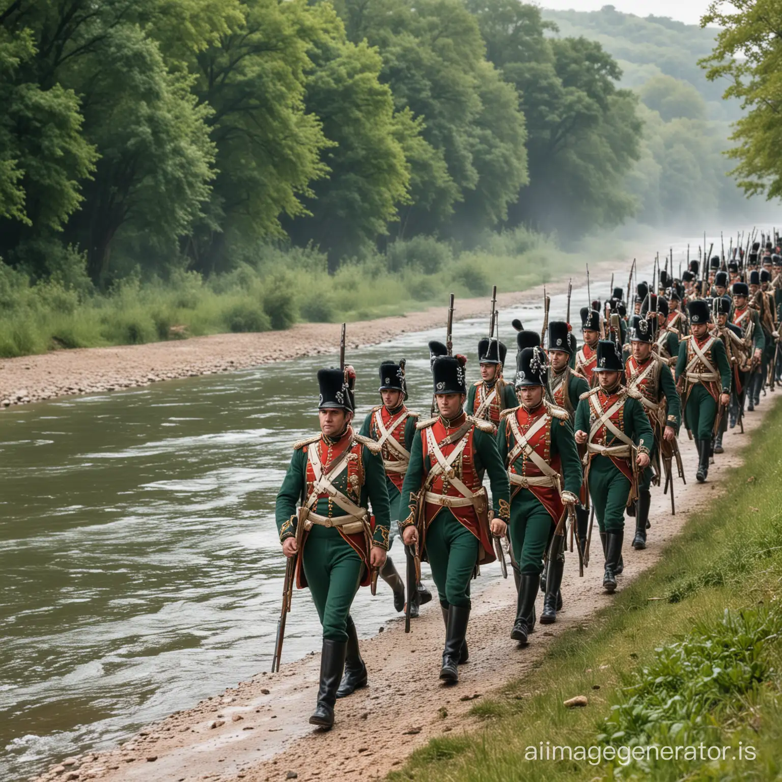 Green coated Napoleonic wars soldiers  marching along a river wearing shakos carrying muskets slung across their shoulders