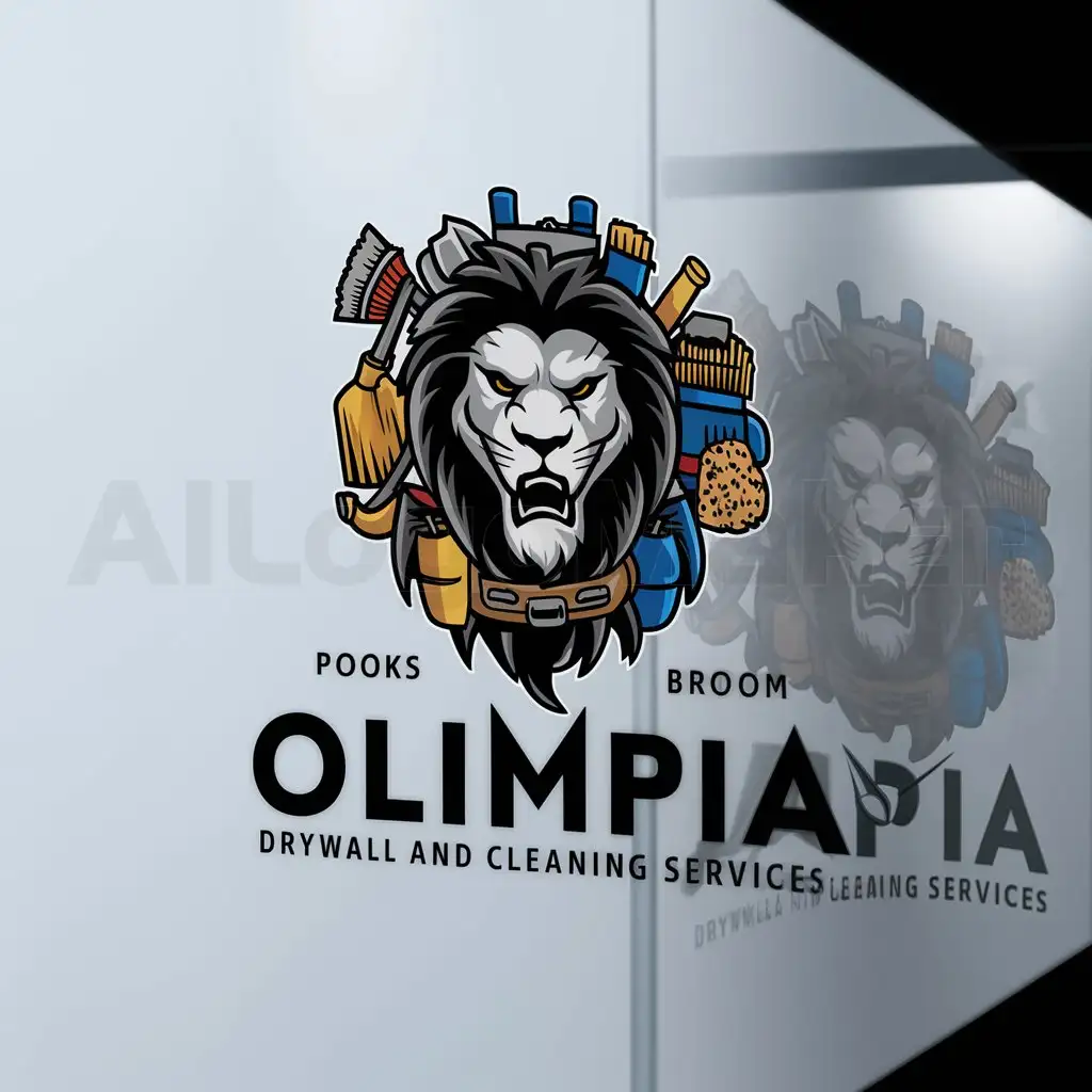LOGO-Design-for-Olimpia-Drywall-and-Cleaning-Services-Majestic-Lion-with-Utility-Belt-and-Cleaning-Supplies