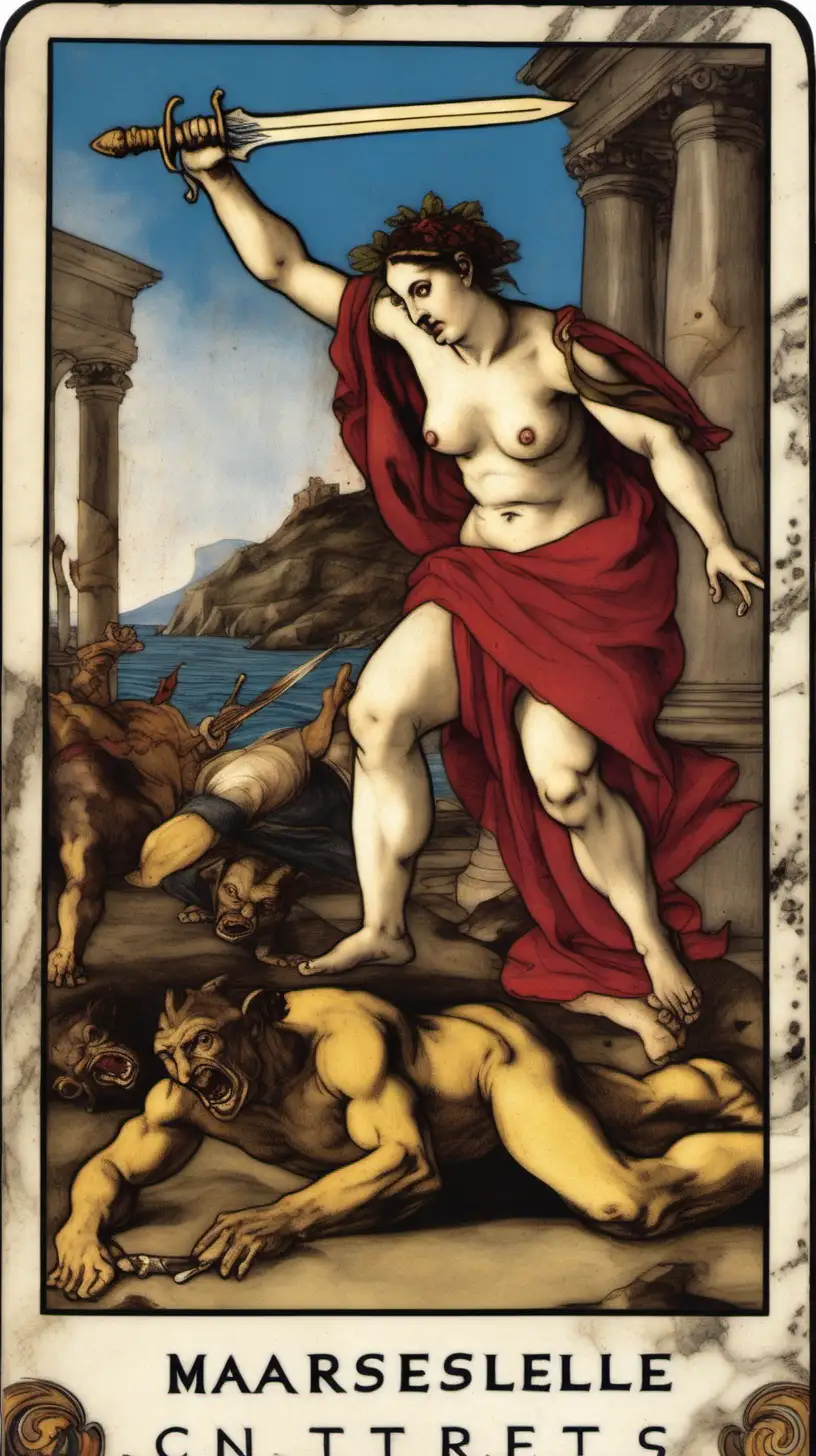 A tarot card from the Marseille deck, numbered 11 in the upper left corner, depicts THE FORCE as a naked Artemisia Gentileschi slaying the Minotaurus with a blood-soaked dagger on the island of Crete