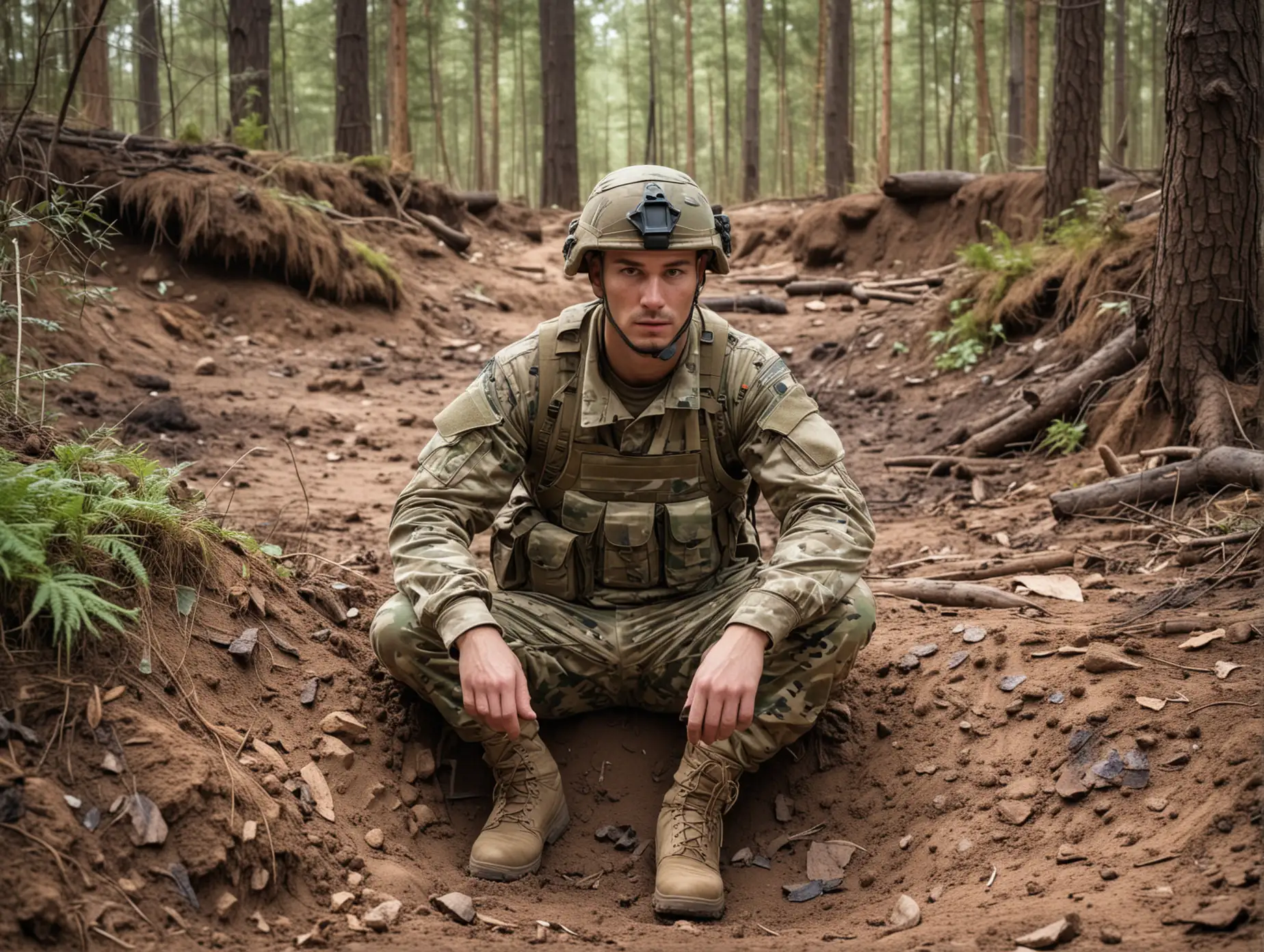 In a wide, covered dirt hole, one modern soldier wearing multicam is resting, dense forest background