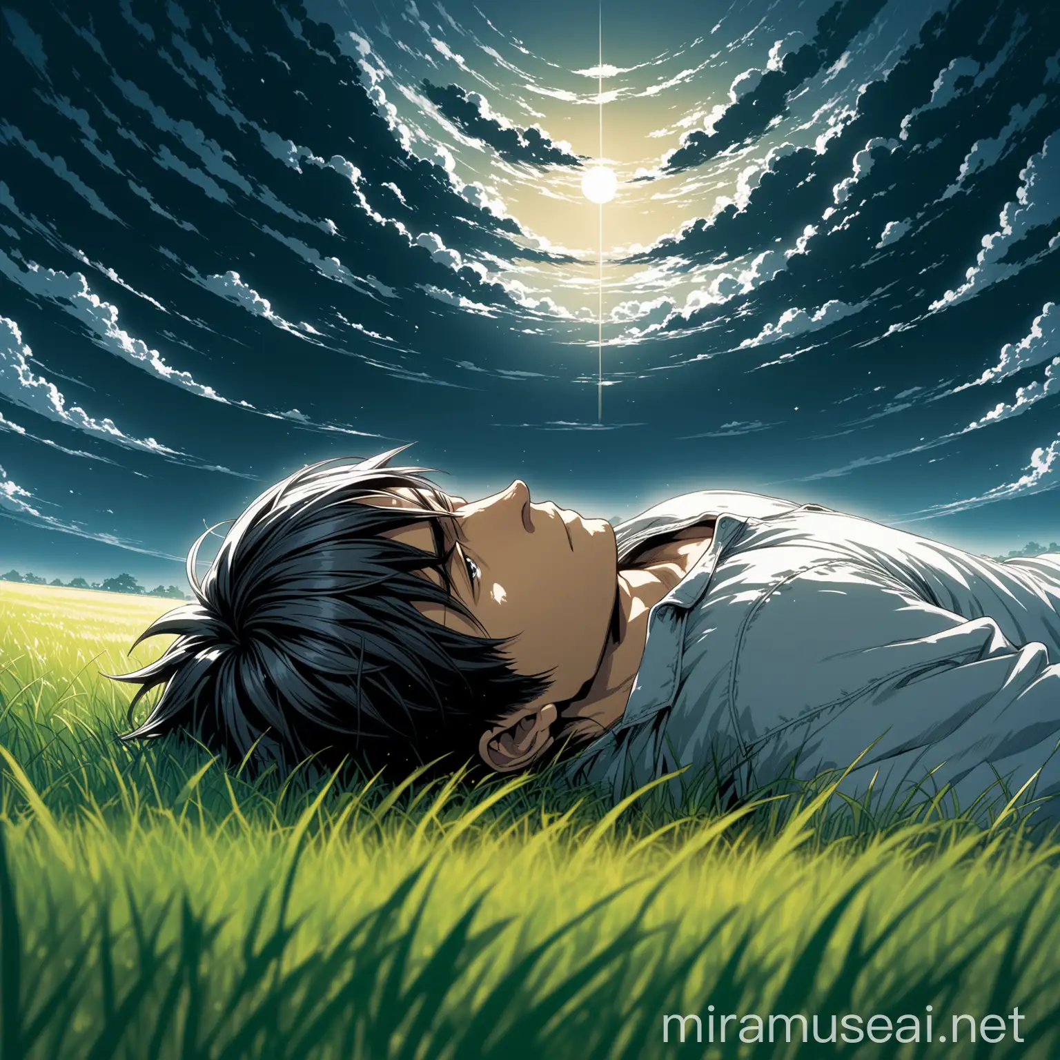male with gray hair with another male with dark hair lying on the grass watching the dark clouds, faded colours, sad, dramatic, detailed painting by Hirohiko Araki, featured on pixiv, analytical art, detailed painting, 2d game art, official art, rule of thirds, extreme detail, detailed drawing, trending artstation, hd, sharp focus, backlit, symmetrical features, film grain