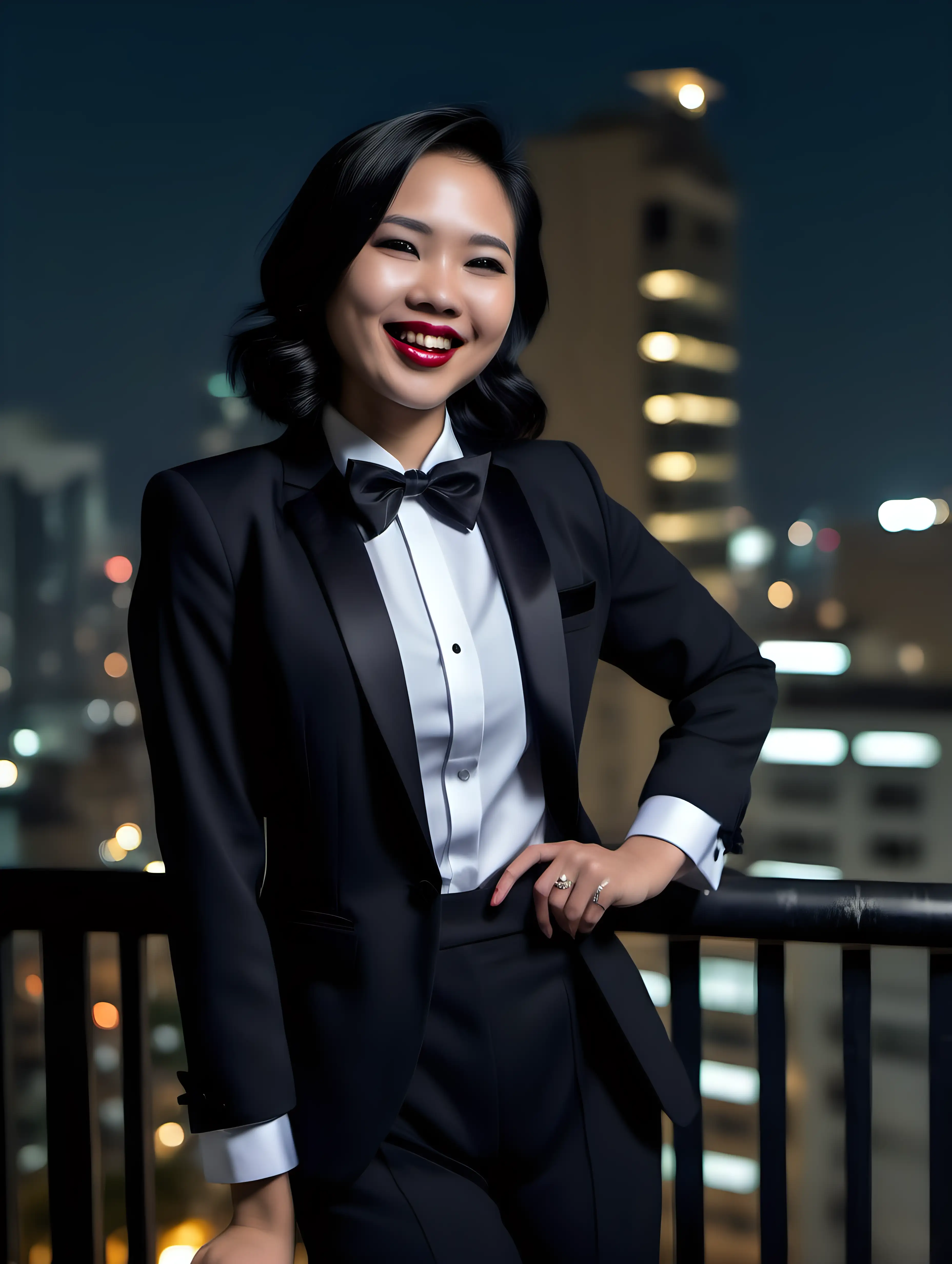 30 year old smiling and laughing Vietnamese woman with shoulder length black hair and lipstick wearing a tuxedo with a black bow tie. (Her shirt cuffs have cufflinks). Her jacket has a corsage. She is standing on top of a building at night. She is facing forward. Her hands are in her pants pockets.