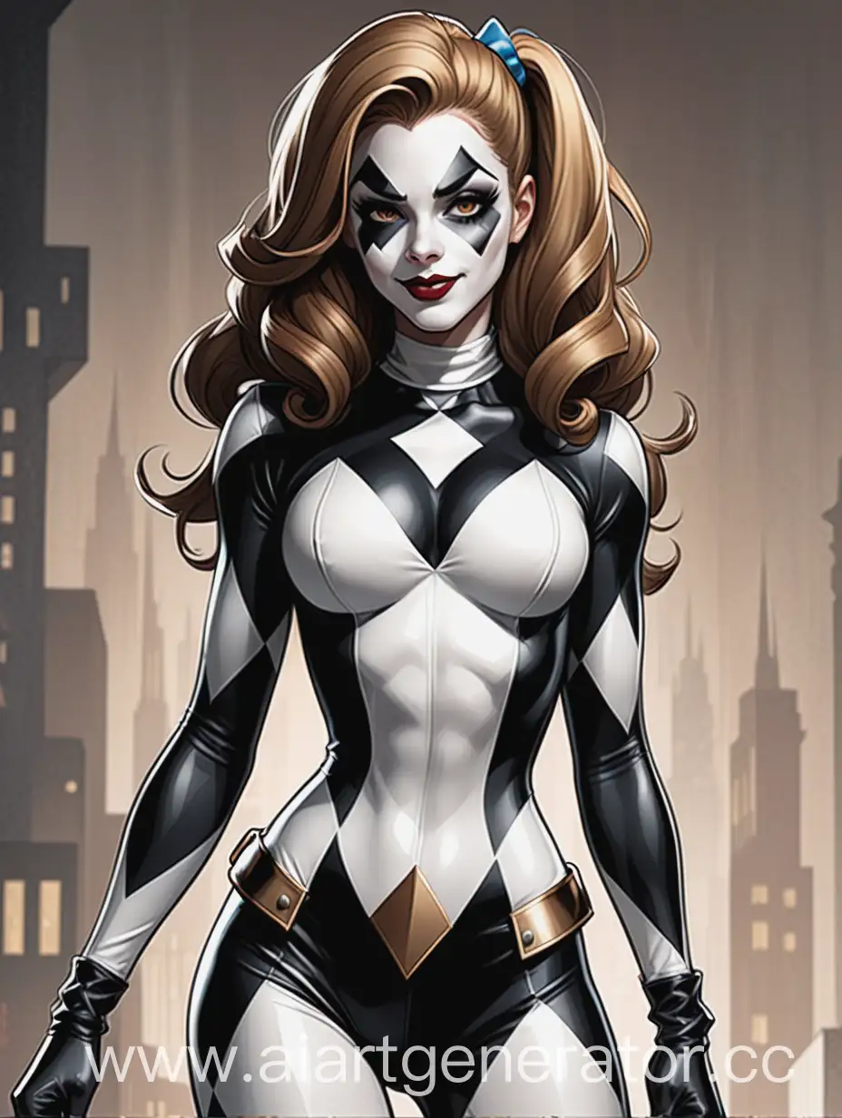 DC comics style A harlequin girl in a black and white  tight-fitting suit, cute appearance, light brown hair