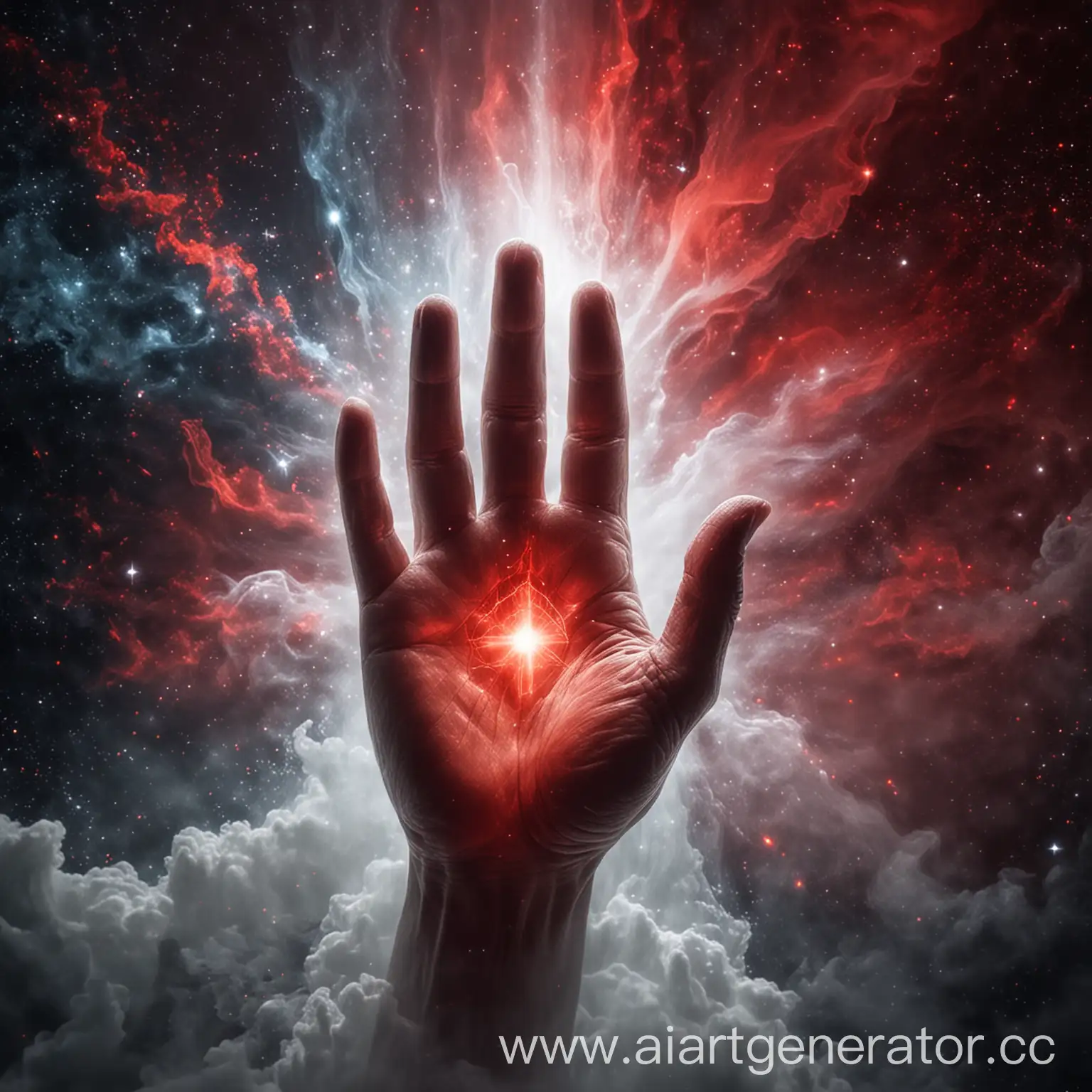 The celestial, from which the red aura emanates, stands in space, among galaxies, is in the fog. There is white energy in his hand