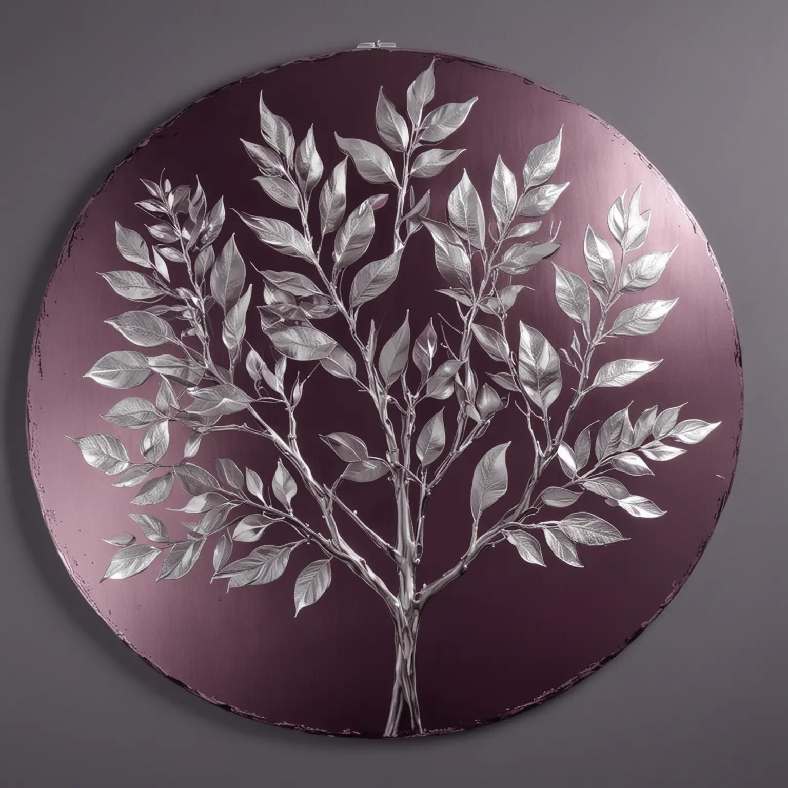 large round bright, silver, leaves  on three branches with dark purple, mauve, silver  background