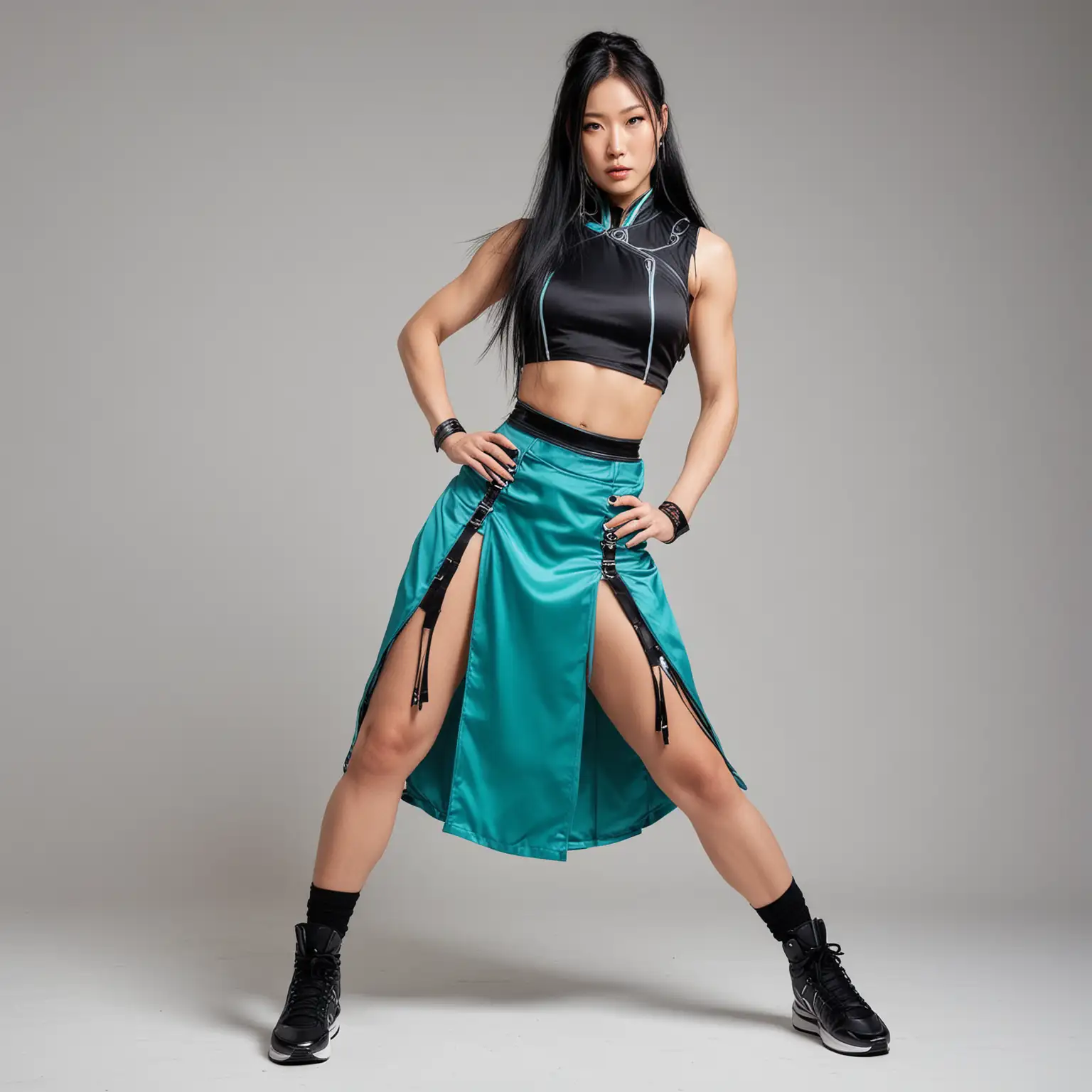 Strong beautiful Japanese woman, with white and black long hair, wearing sleeveless light-saturated-teal double thigh slit chun-li dress made of metal, black shoulderpads, exposed midriff, black sneakers, sneakers, white background