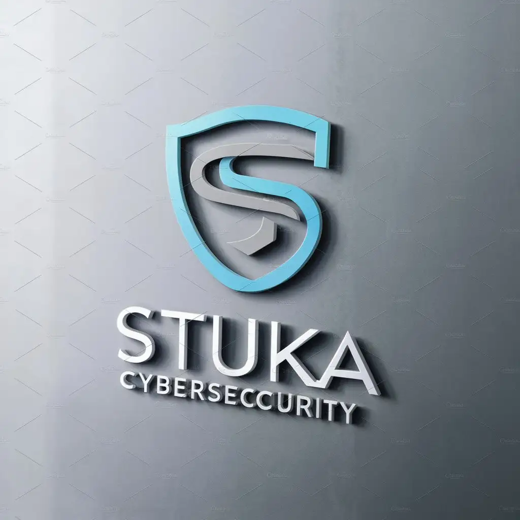 a logo design,with the text "S", main symbol:logo contains the letter 'S' which looks like a shield, refers to cybersecurity, color scheme: blue and gray. Add 'Stuka' under the logo,Minimalistic,be used in Technology industry,clear background