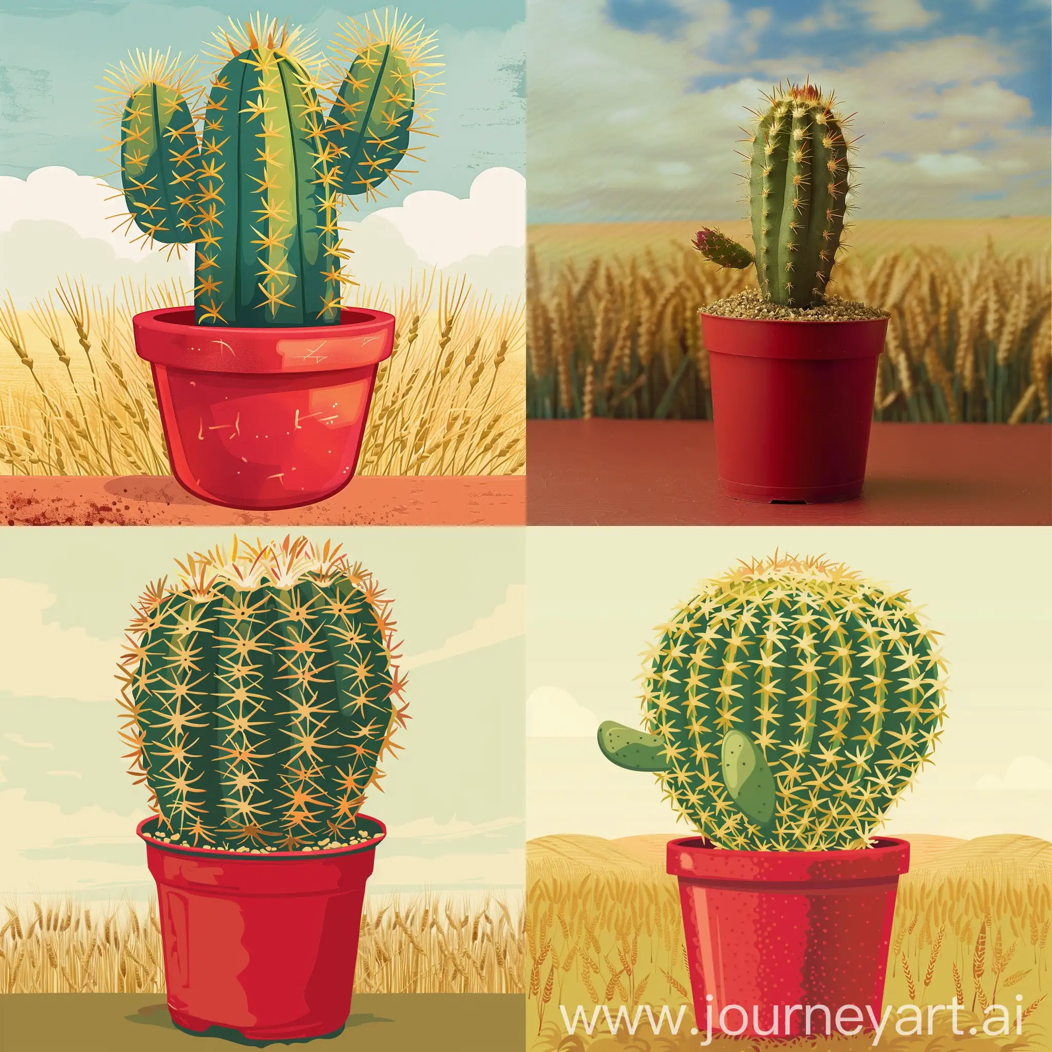 Cheerful-Cactus-in-Red-Pot-amid-Wheat-Fields