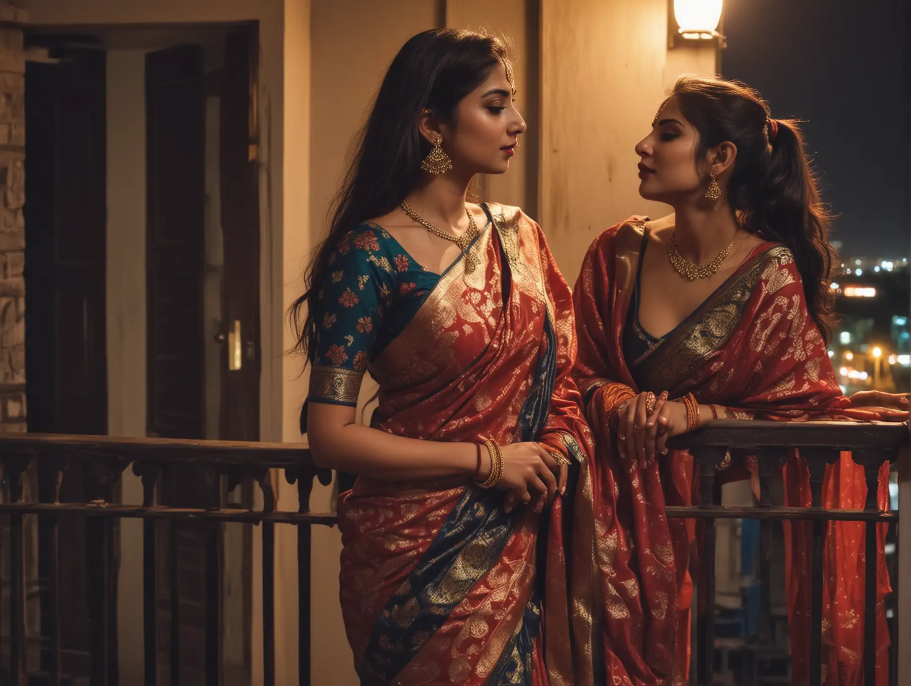 Two Delhi hot girls,banarasi saree, best makeup,makeout in balcony at night,high contrast, ultra realistic