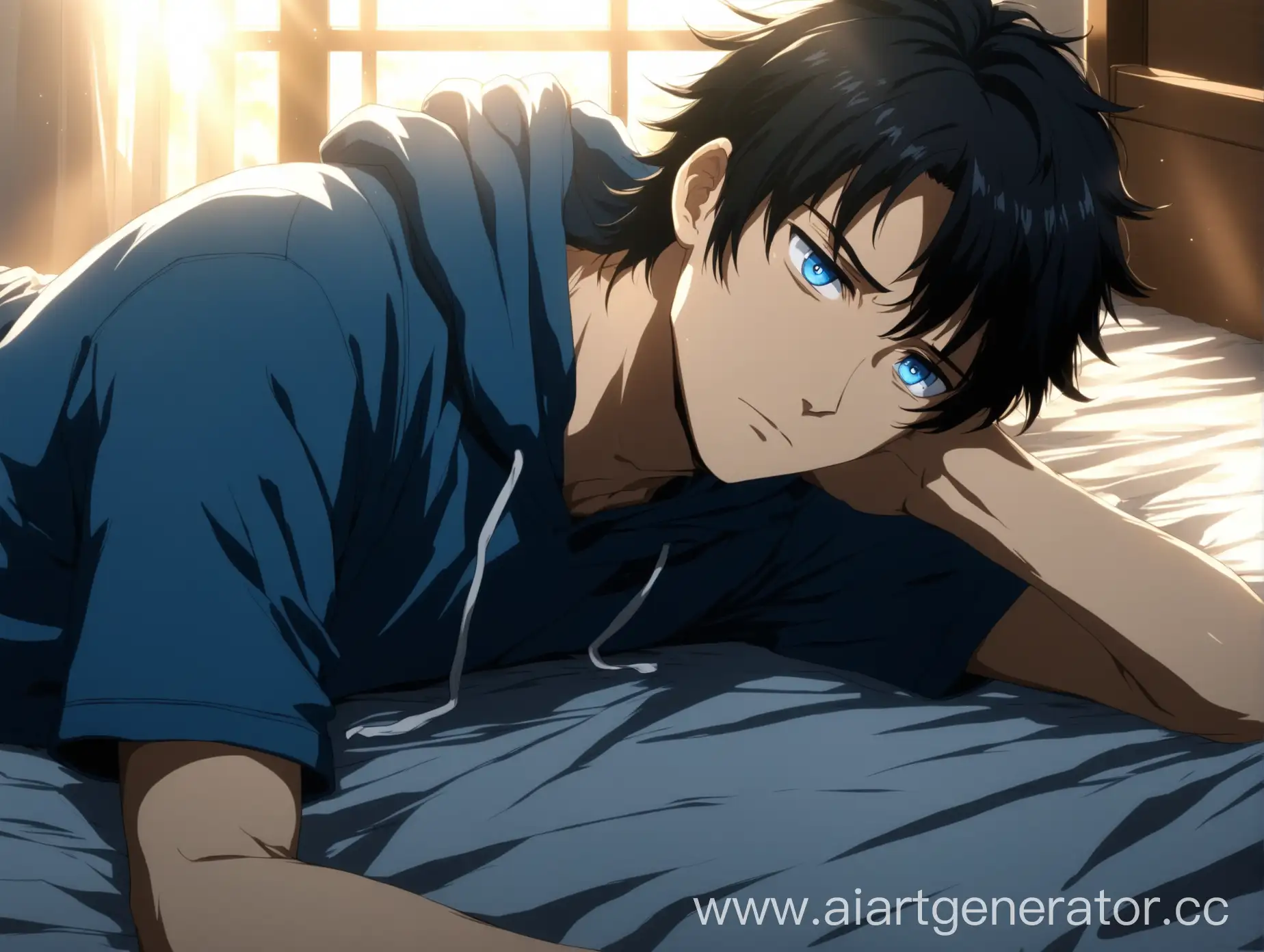 Tired-Anime-Guy-Rests-on-Bed-in-Sunlit-Room