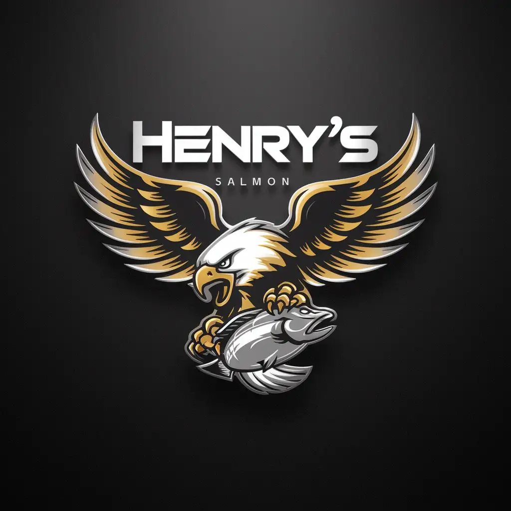 a logo design,with the text 'Henry’s', main symbol:A fierce golden eagle spreading its wings and feathers grasps a salmon with its claws. Black background,Moderate,clear background