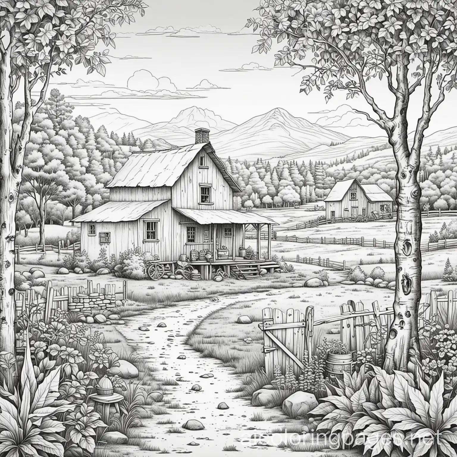 rustic country scene with primitive decor, Coloring Page, black and white, line art, white background, Simplicity, Ample White Space. The background of the coloring page is plain white to make it easy for young children to color within the lines. The outlines of all the subjects are easy to distinguish, making it simple for kids to color without too much difficulty