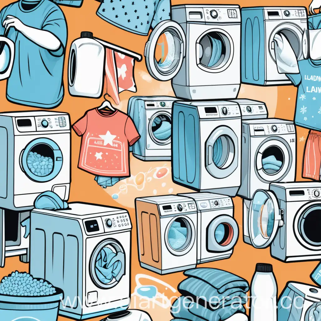Фоновое изображение с повторяющимися картинками нарисованных стиральных порошков, стиральных машин, одежды