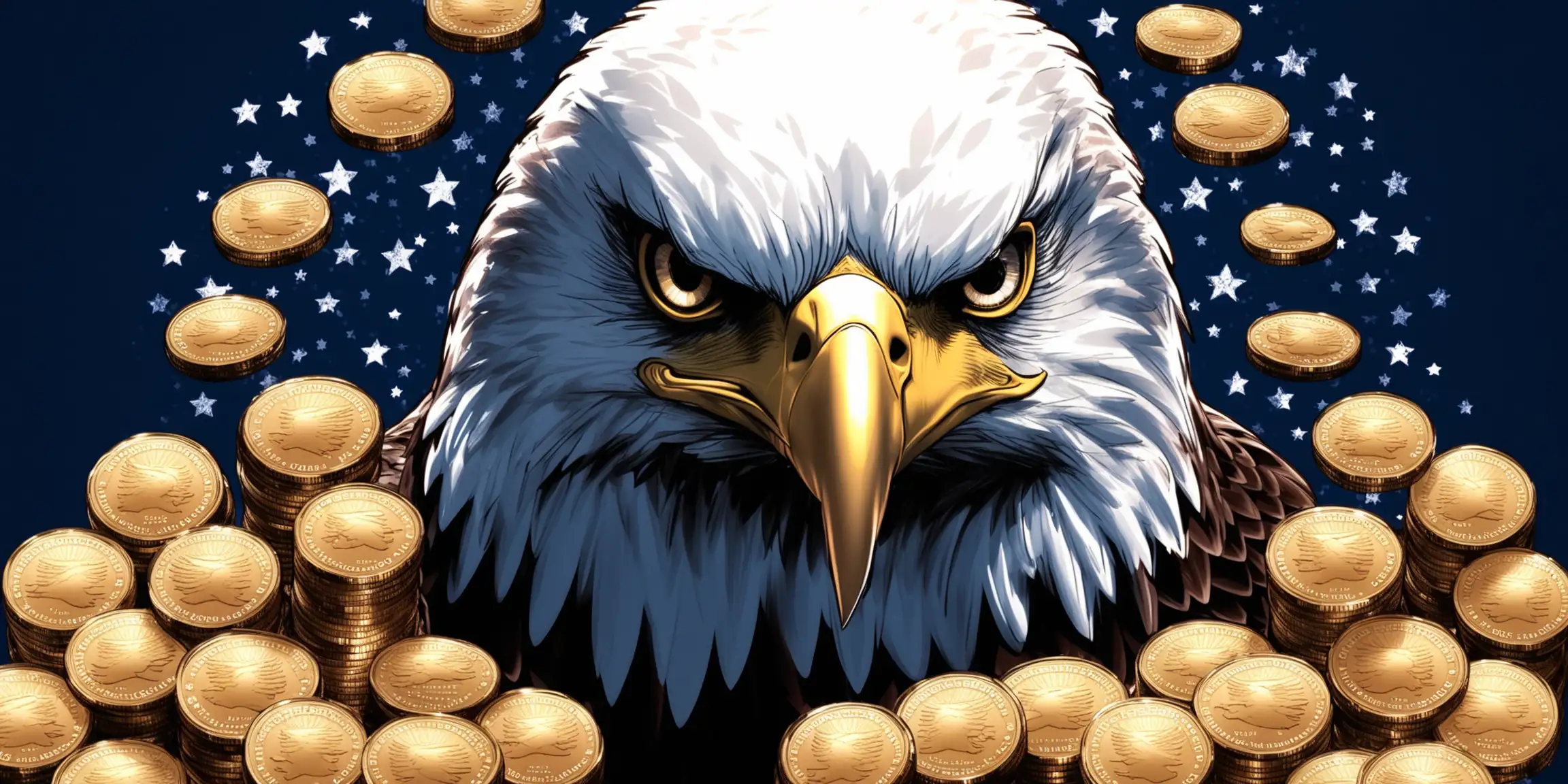 Awesome bald eagle head staring at many united states trust coin crypto coins on a midnight blue background 