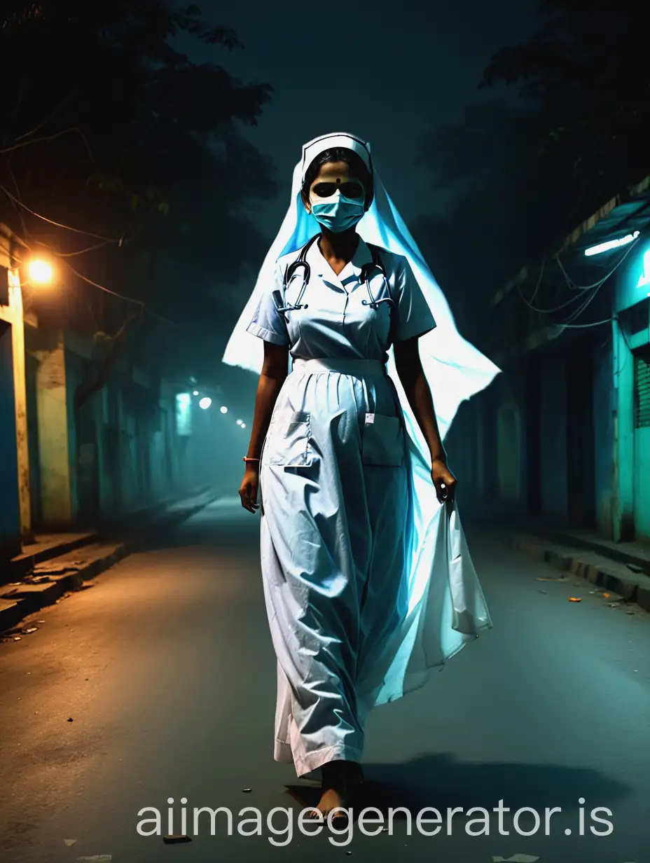A creepy ghost Bengali nurse walking on night road Kolkata