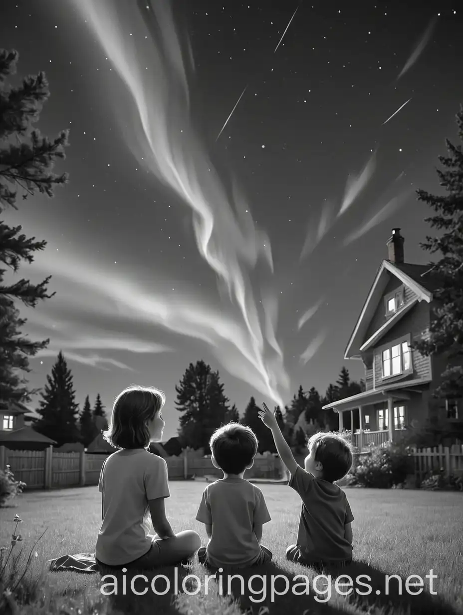 Boy sitting out with his mother in the backyard in the grass their backs are towards you. The mother's arm is outstretched towards the sky before her, pointing out the Northern Lights to her son.
black and white (no color!), Coloring Page, black and white, line art, white background, Simplicity, Ample White Space. The background of the coloring page is plain white to make it easy for young children to color within the lines. The outlines of all the subjects are easy to distinguish, making it simple for kids to color without too much difficulty