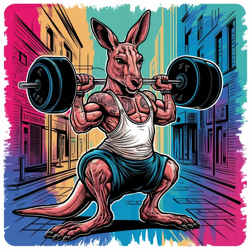 Vector, Colourful Surreal Dreamscape, Graphic T-Shirt Design. Round Design, Bold Outlines.  Watercolour. Sticker.

Portrait of a muscular kangaroo wearing clothes with tattoo's lifting weights.  Set in a city side street. Isolated on a White Background.