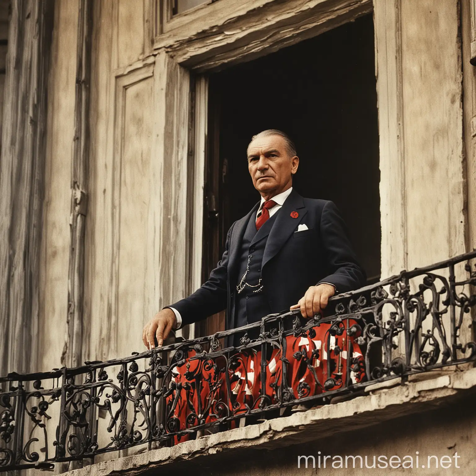 Mustafa Kemal Atatrk Observing the Crowd from His Balcony in Vibrant Colors