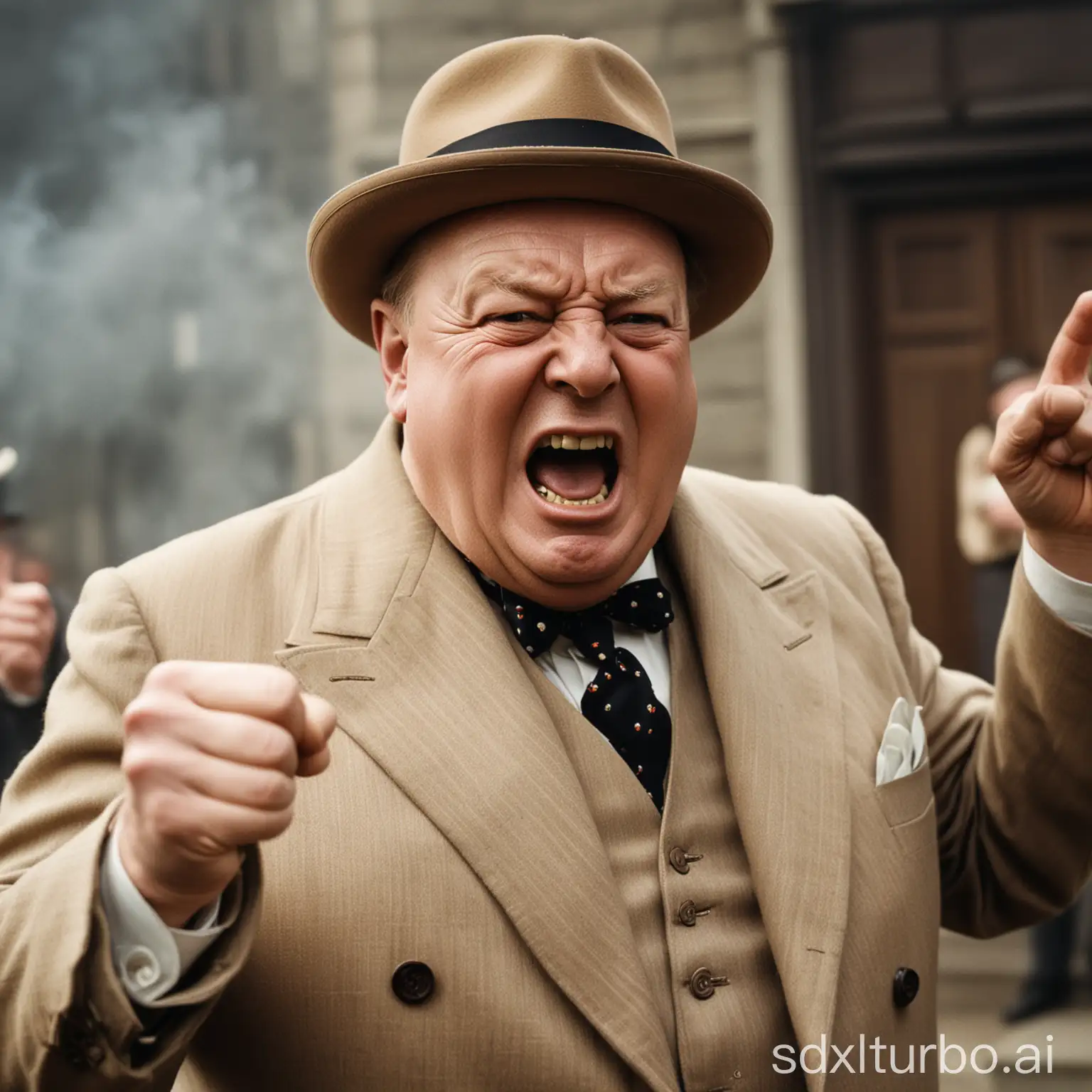 Old color photo of angry Winston Churchill screaming and shaking his fist