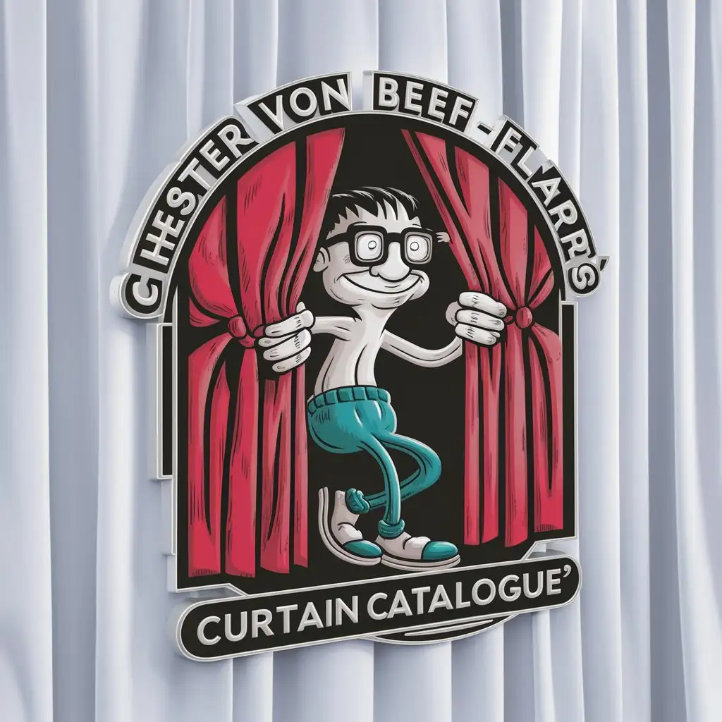 a logo design,with the text "Chester Von Beefflaps' Curtain Catalogue", main symbol:Skinny Nerd, Buck teeth, Big Glasses, Bulging Pants, Peeking out behind red stage curtains, artsy, fabulous, engaging,complex,be used in Entertainment industry,clear background