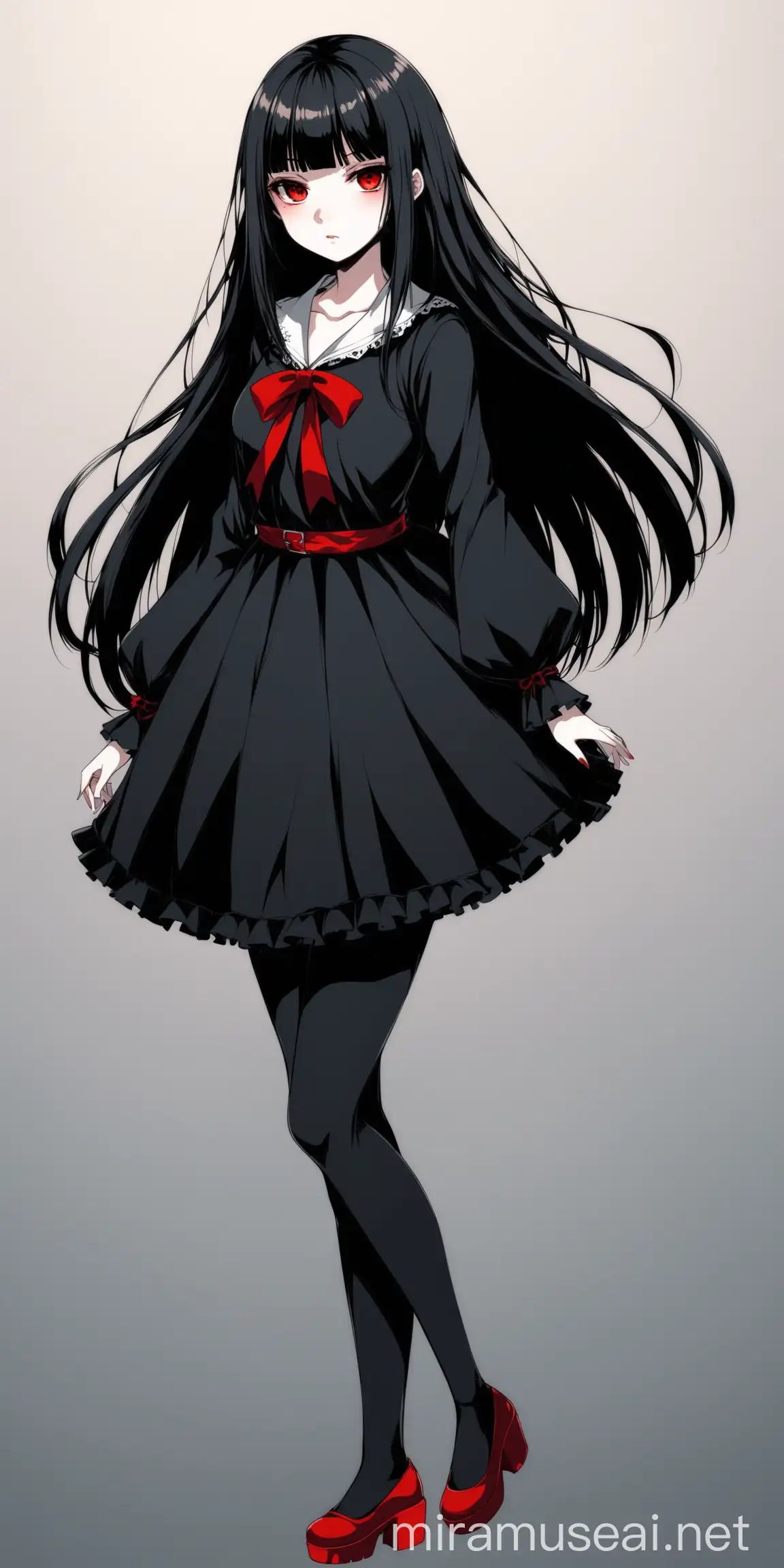 anime girl. female doll that ghostgirl possesses. Black hair with bangs, red eyes. full body in view. ANIME style