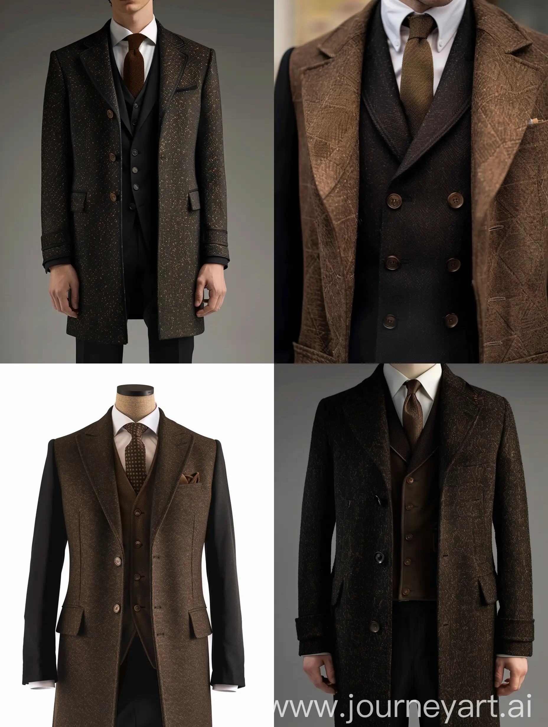 A black suit, brown tie. brown Alcantara overcoat