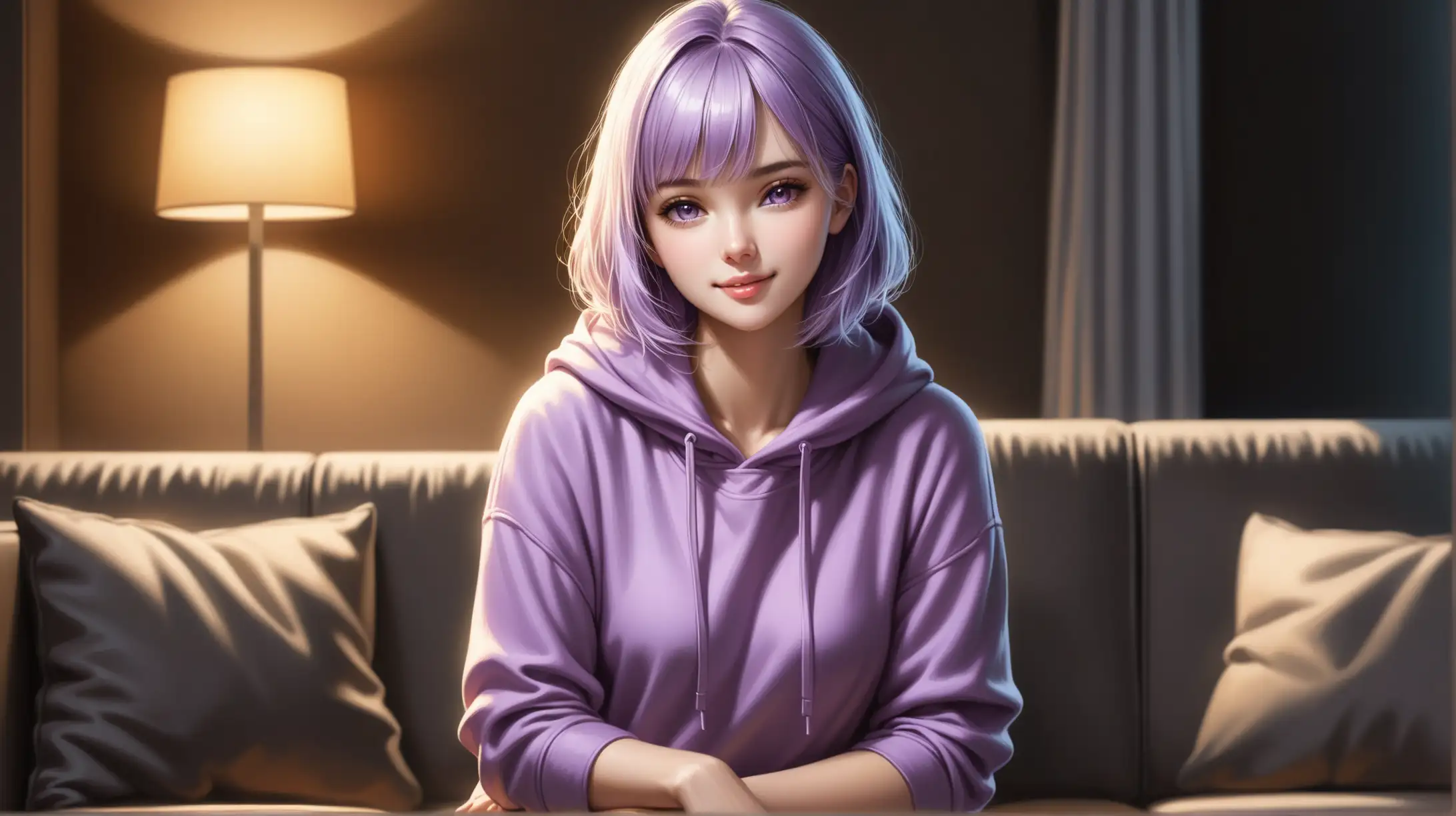 Draw a woman, shoulder length light purple hair, messy bangs framing her face, light purple eyes, petite figure, high quality, realistic, accurate, detailed, long shot, indoors, sitting on sofa, dim lighting, seductive pose, hoodie, smiling at the viewer
