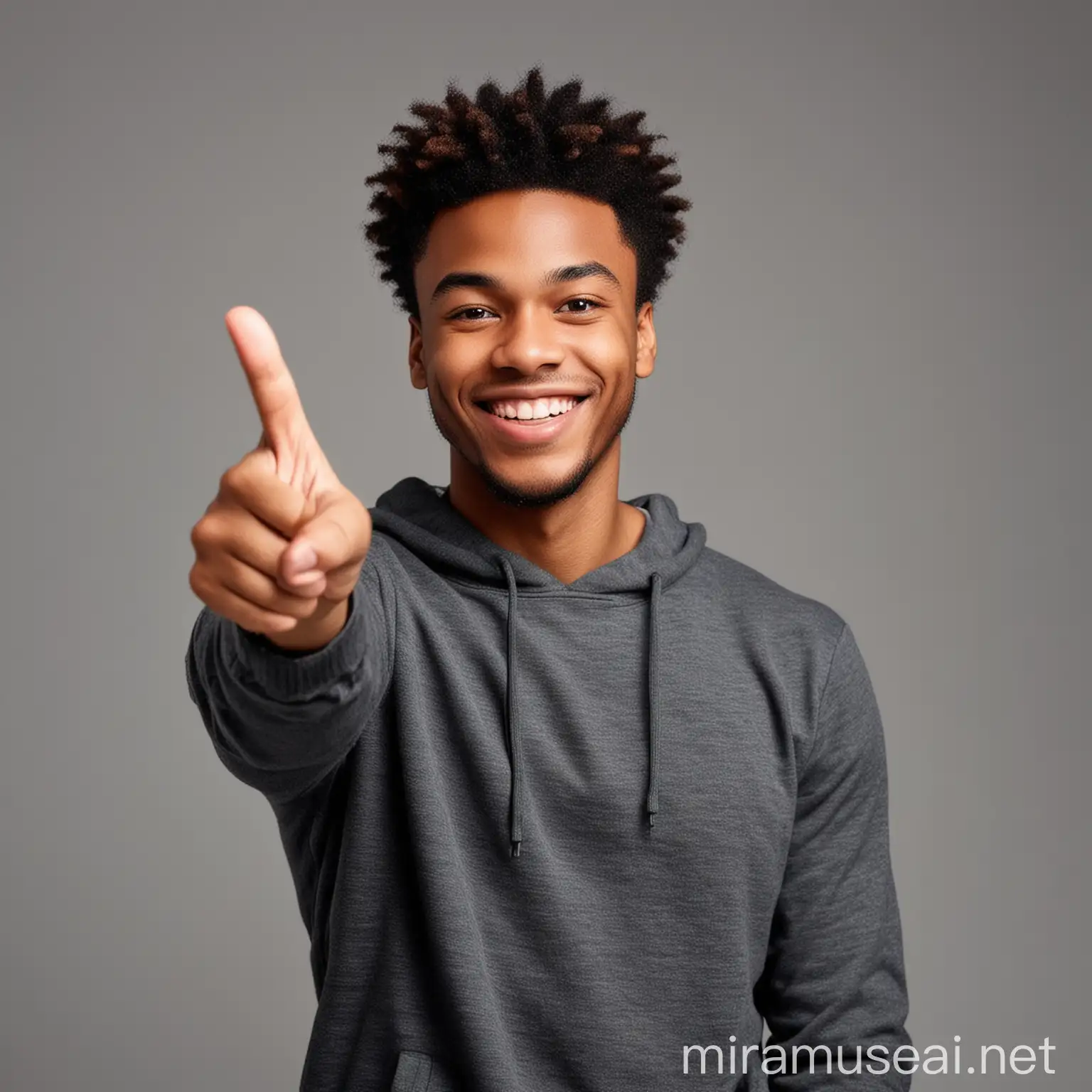 Handsome African American cheerful young man , smiling widely and pointing upward with his index finger , putting on a black sweatwear , the background should be gray space that complement his sweatwear
