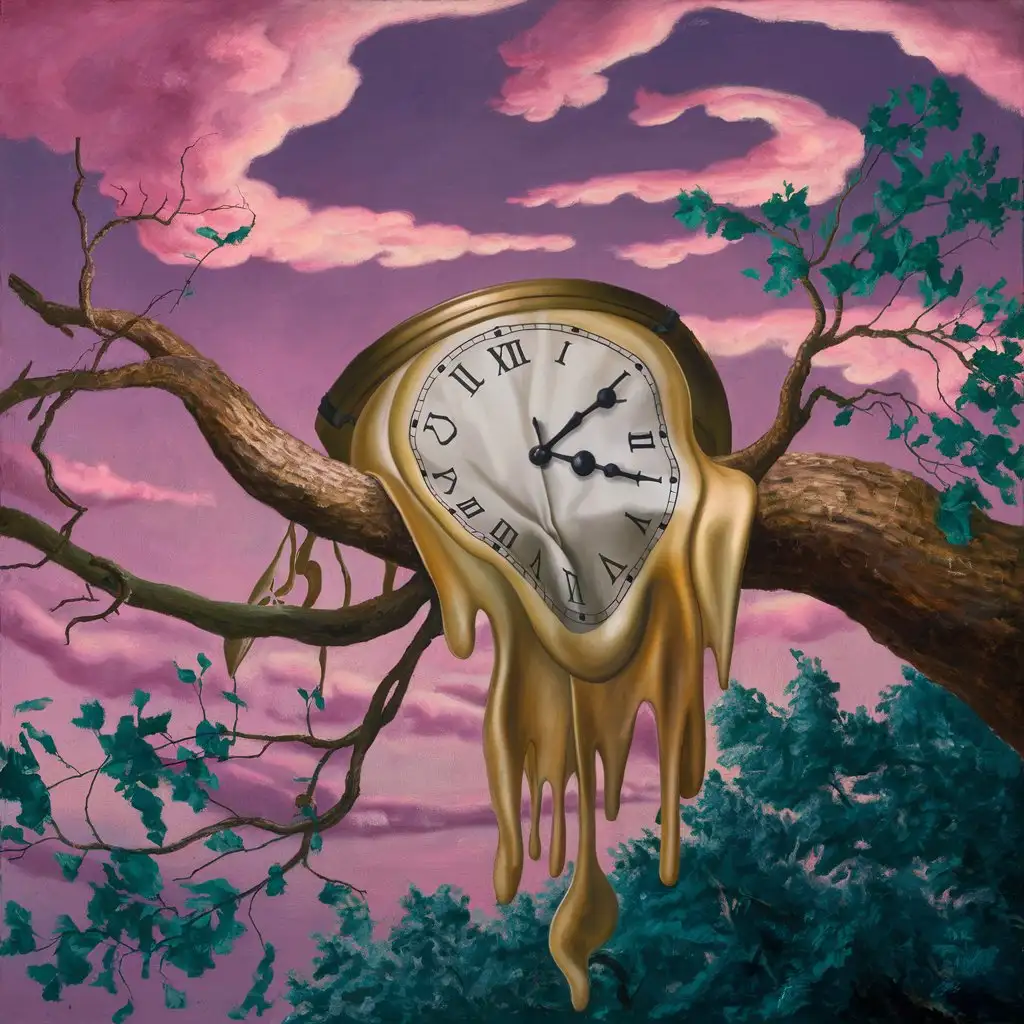  A melting clock draped over a tree branch in a dreamlike scene, a signature style of Salvador Dalí.