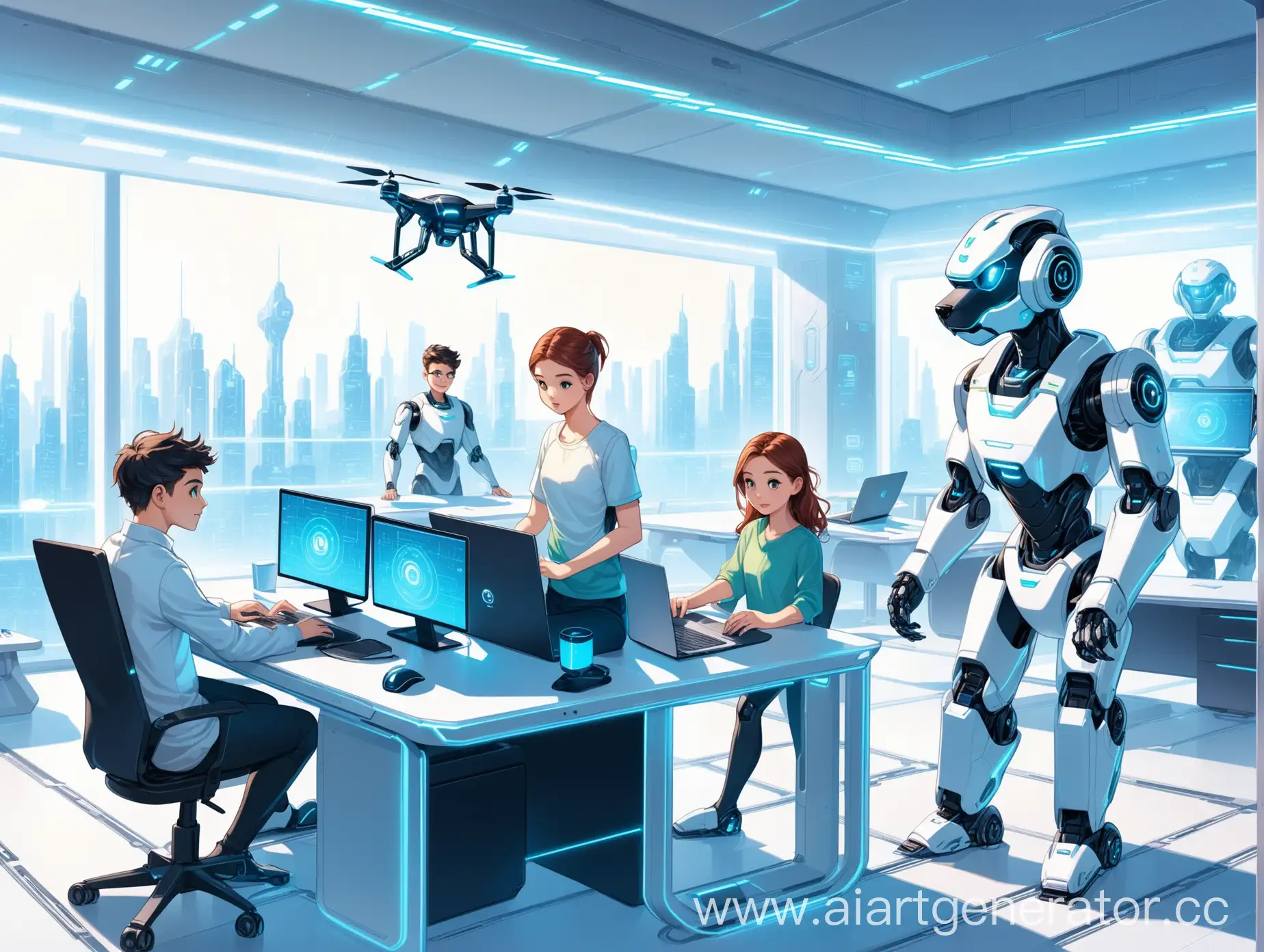 Cartoon staill, teamwork of students, work on artificial intelligence, two boys and girls, futuristic interior, desk with a computer, laptop, and other electronic devices, White background, Bionic robot dog and drone