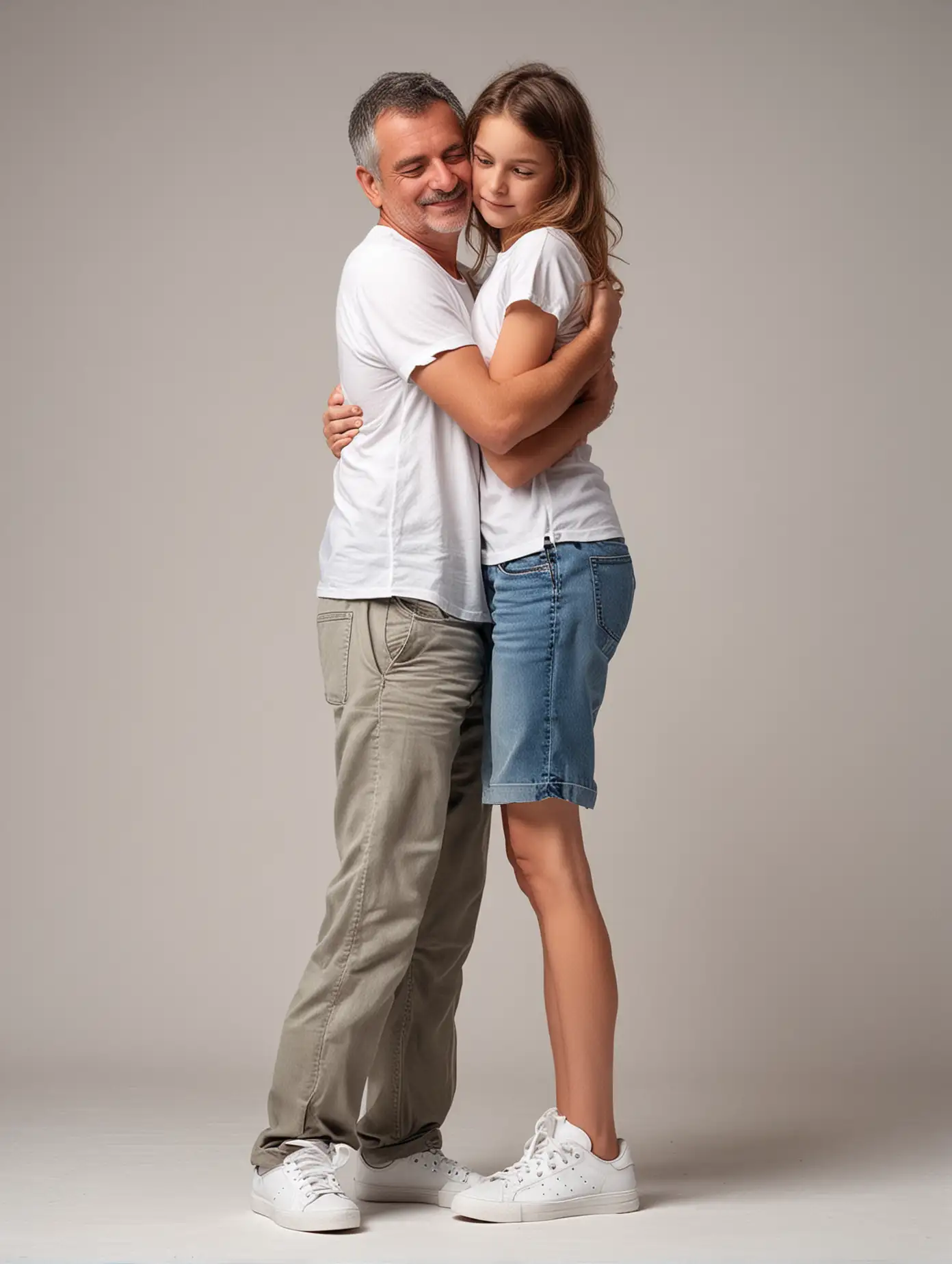 
very short statured 50yo child sized man hugging a giant 11yo girl in studio, white sneakers