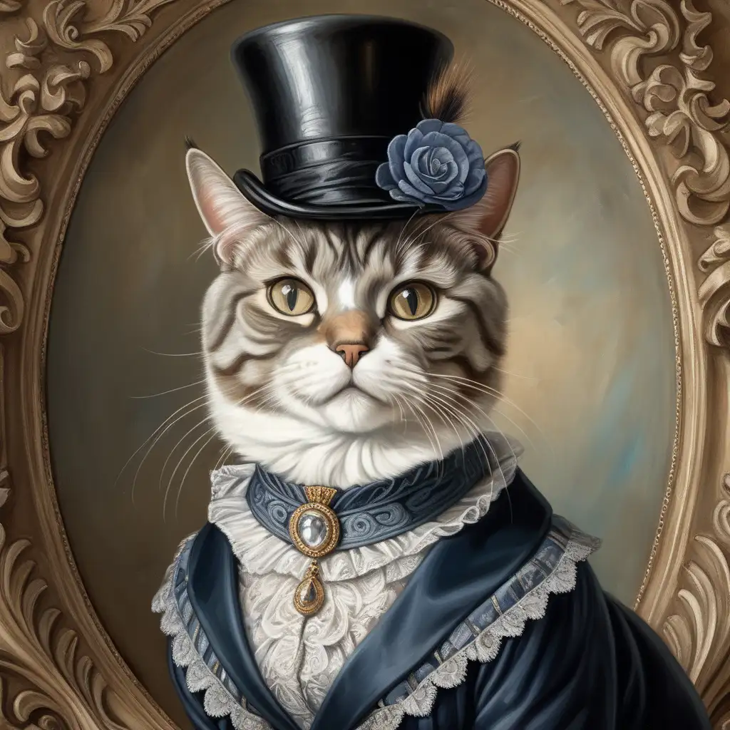 create a full figure drawing portrait, Fresco of a  female short-haired Scottish cat in a top hat and ornate female clothing, Victorian style, painting.