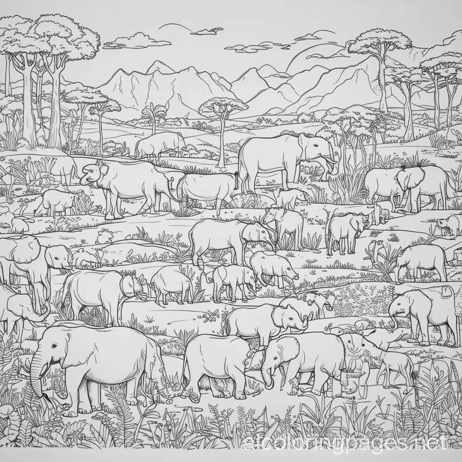 Explore animals from various continents, showcasing their habitats and unique features., Coloring Page, black and white, line art, white background, Simplicity, Ample White Space. The background of the coloring page is plain white to make it easy for young children to color within the lines. The outlines of all the subjects are easy to distinguish, making it simple for kids to color without too much difficulty