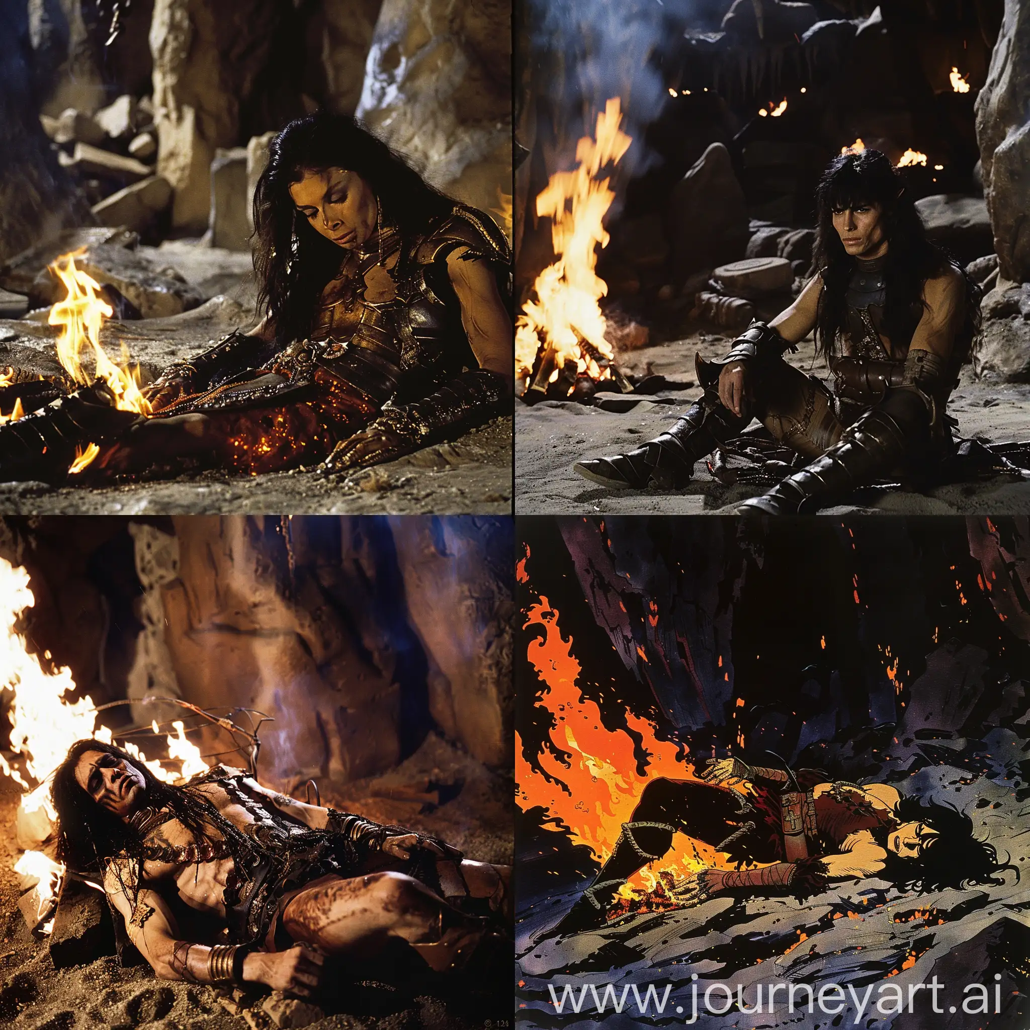 dvd screenengrabs character/Arx Fatalis, dead dark-haired warrior on a funeral pyre in the underground kingdom 1980 style